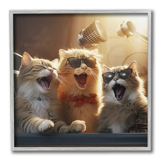Stupell Industries Trendy Singing Cats Animals & Insects Painting Gray Framed Art Print Wall Art, 12 x 12