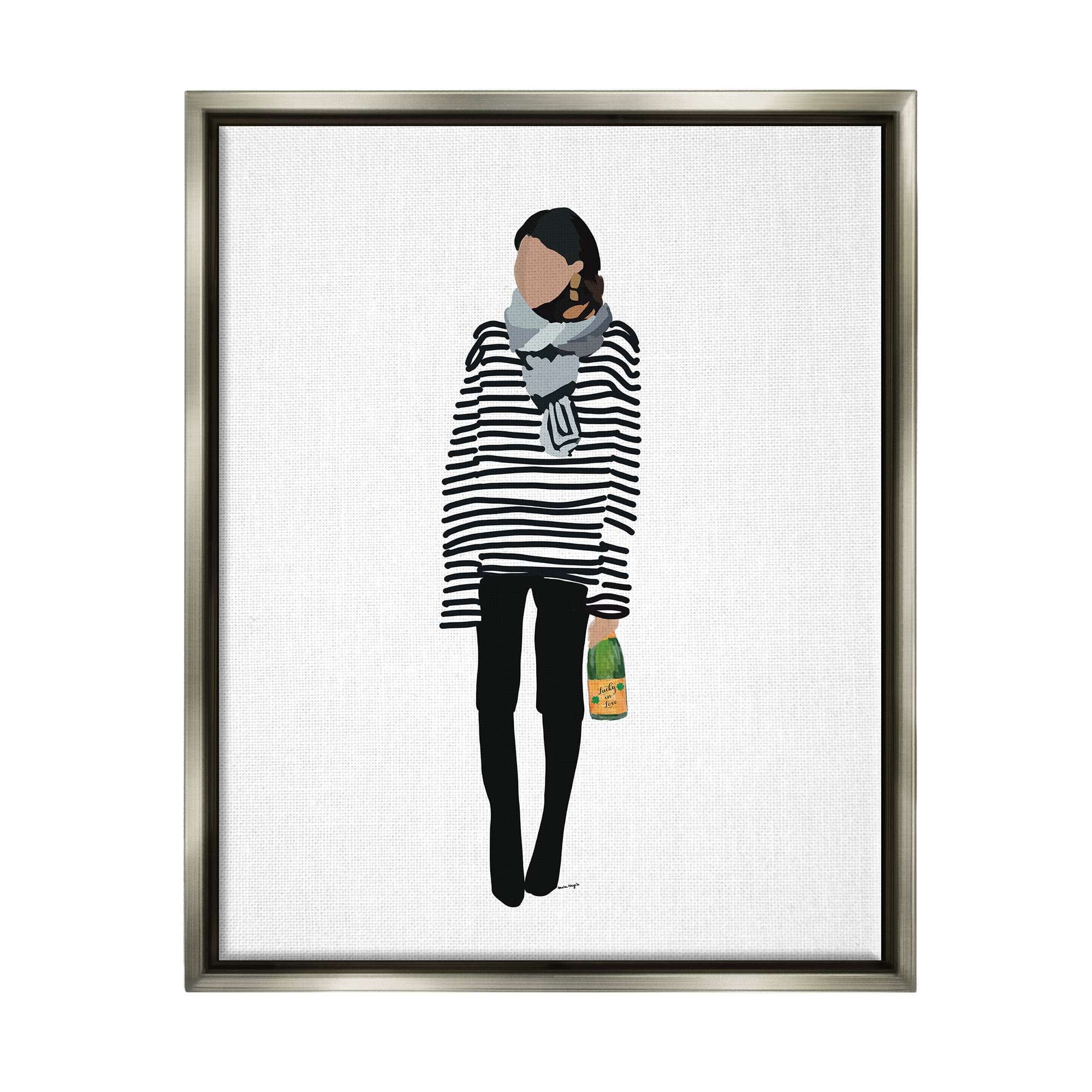 Stupell Industries Trendy Stripes Fashion Girl Beauty & Fashion Painting Gray Floater Framed Art Print Wall Art