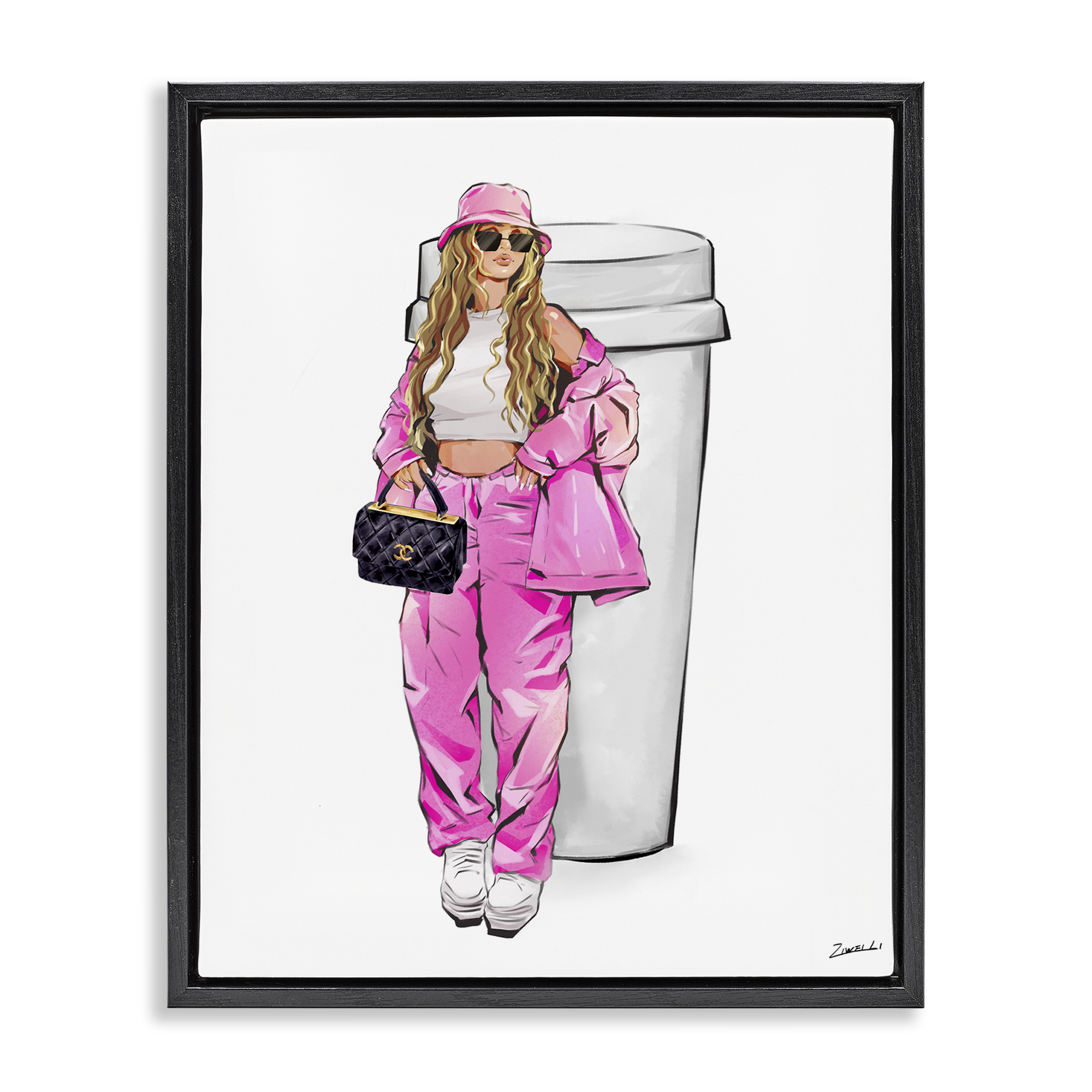 Stupell Industries Trendy Style Girl & Coffee Food & Beverage Painting Black Floater Framed Canvas Art Print Wall Art, 25 x 31