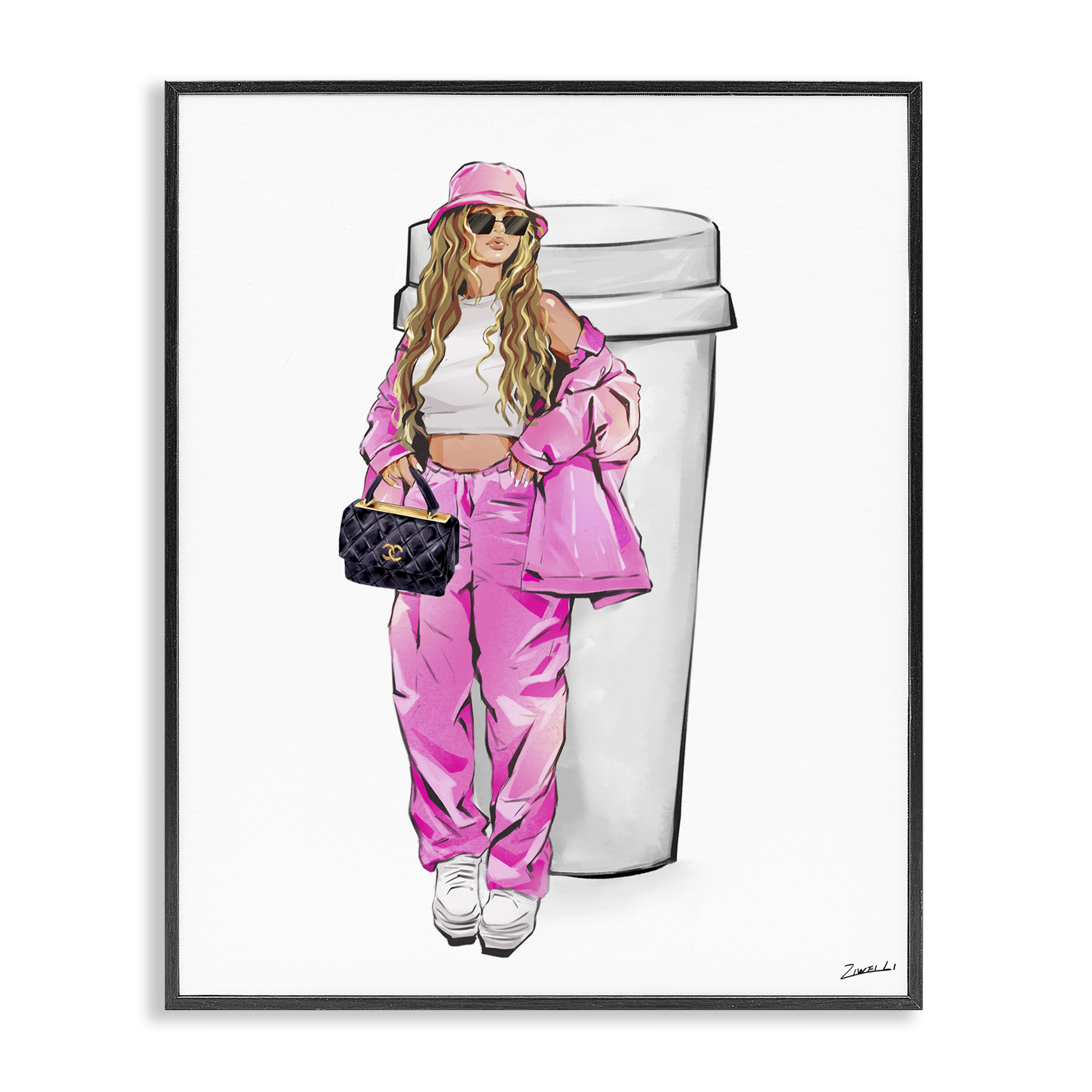 Stupell Industries Trendy Style Girl & Coffee Food & Beverage Painting Black Framed Art Print Wall Art, 16 x 20