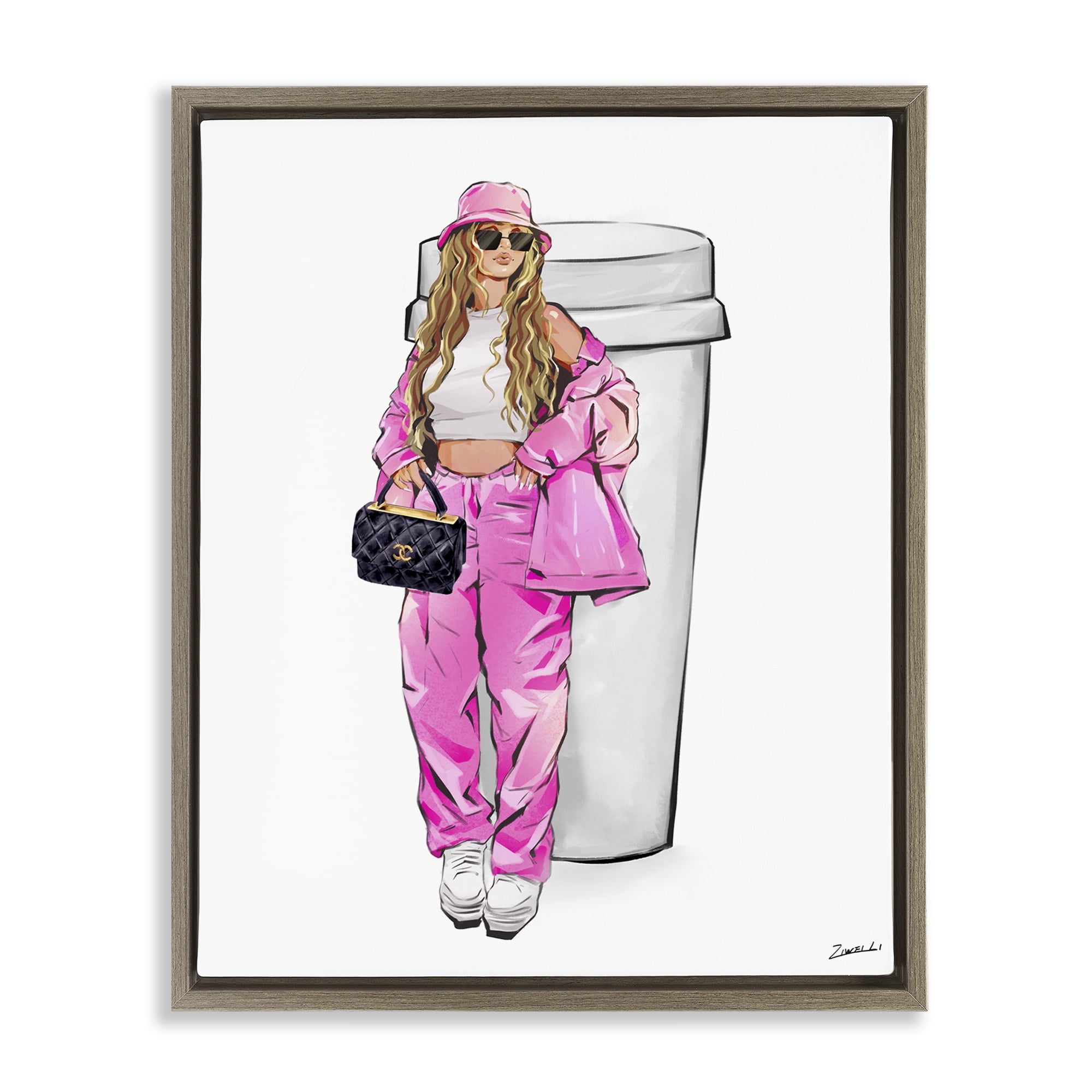 Stupell Industries Trendy Style Girl & Coffee Food & Beverage Painting Brown Floater Framed Canvas Art Print Wall Art, 25 x 31