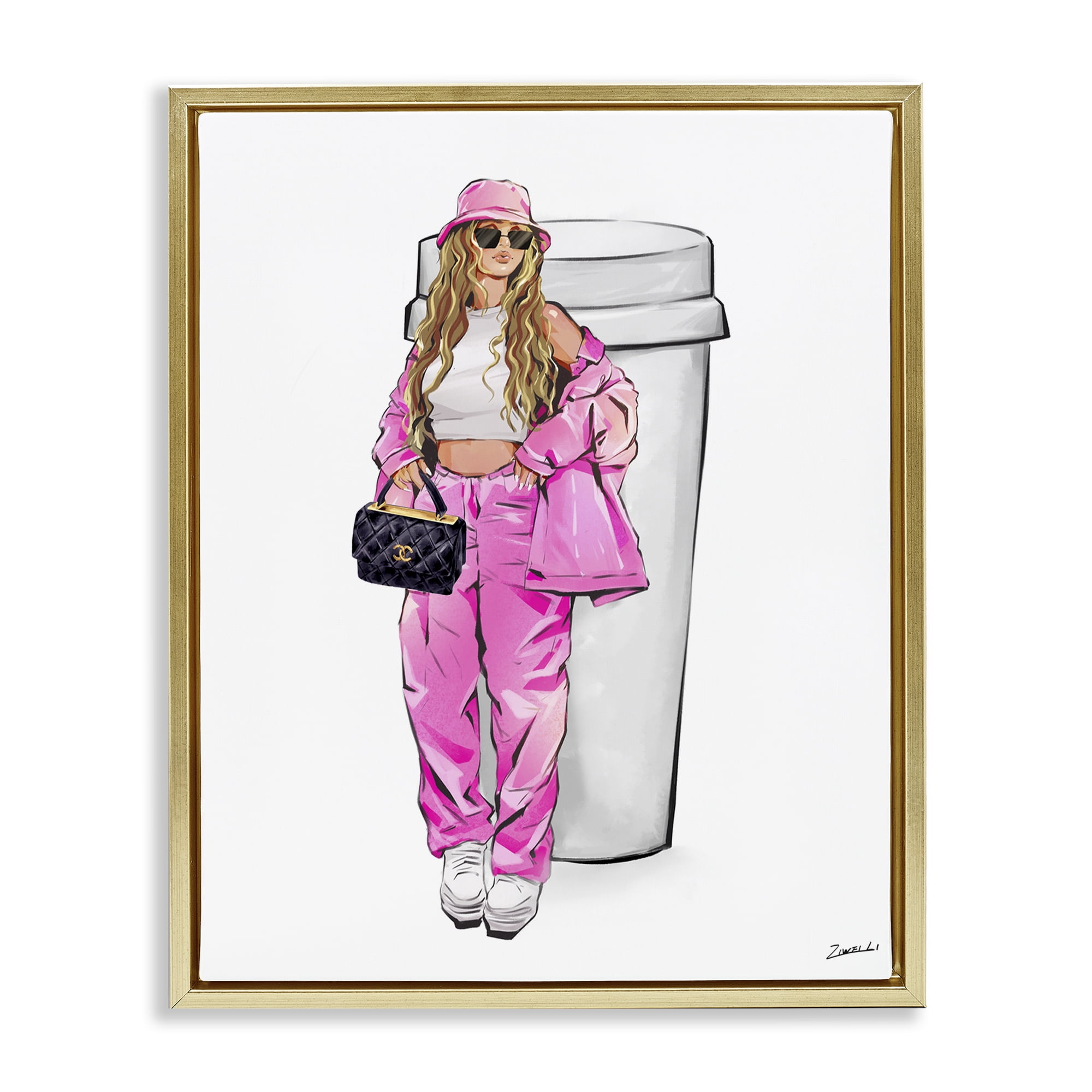 Stupell Industries Trendy Style Girl & Coffee Food & Beverage Painting Gold Floater Framed Canvas Art Print Wall Art, 25 x 31