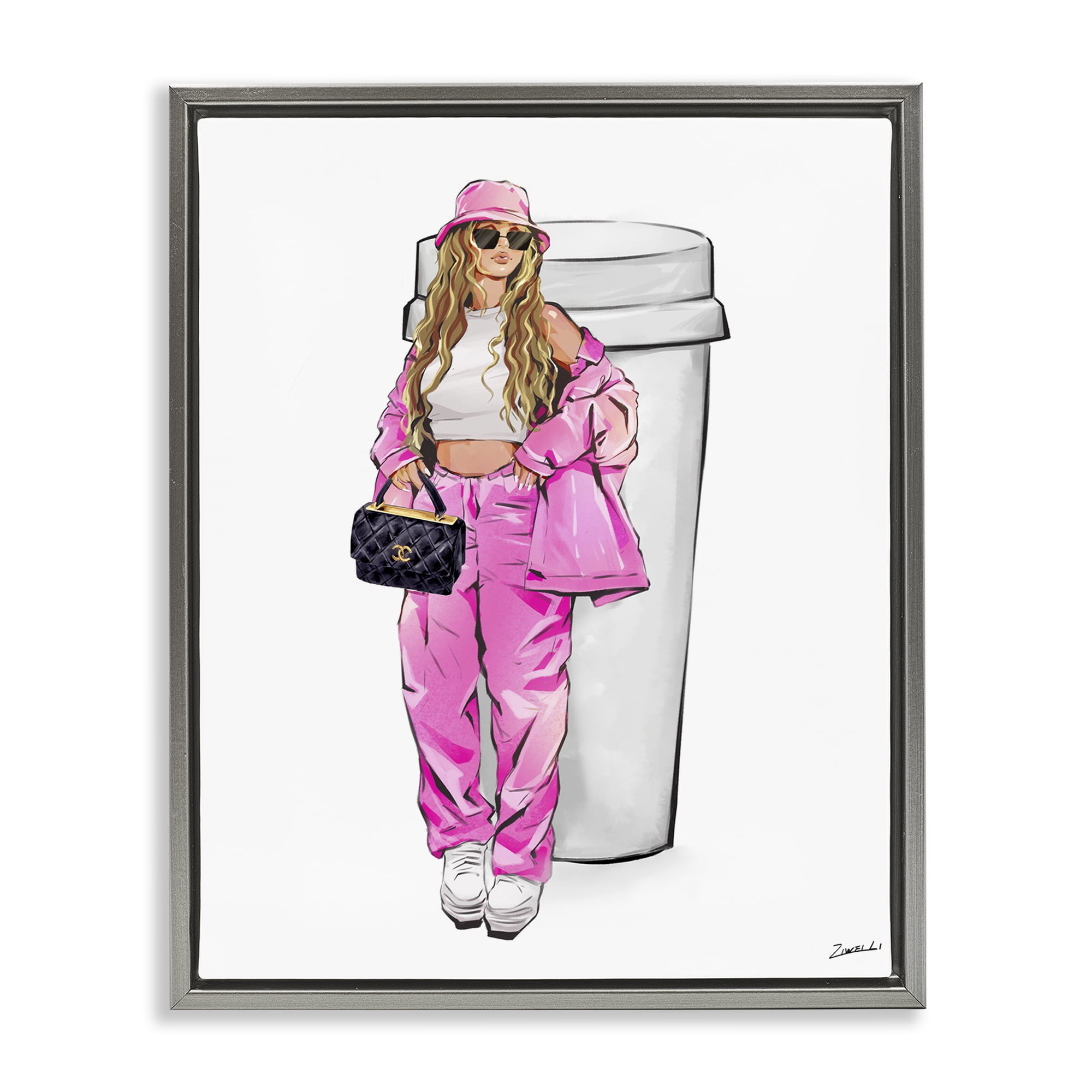 Stupell Industries Trendy Style Girl & Coffee Food & Beverage Painting Gray Floater Framed Canvas Art Print Wall Art, 17 x 21