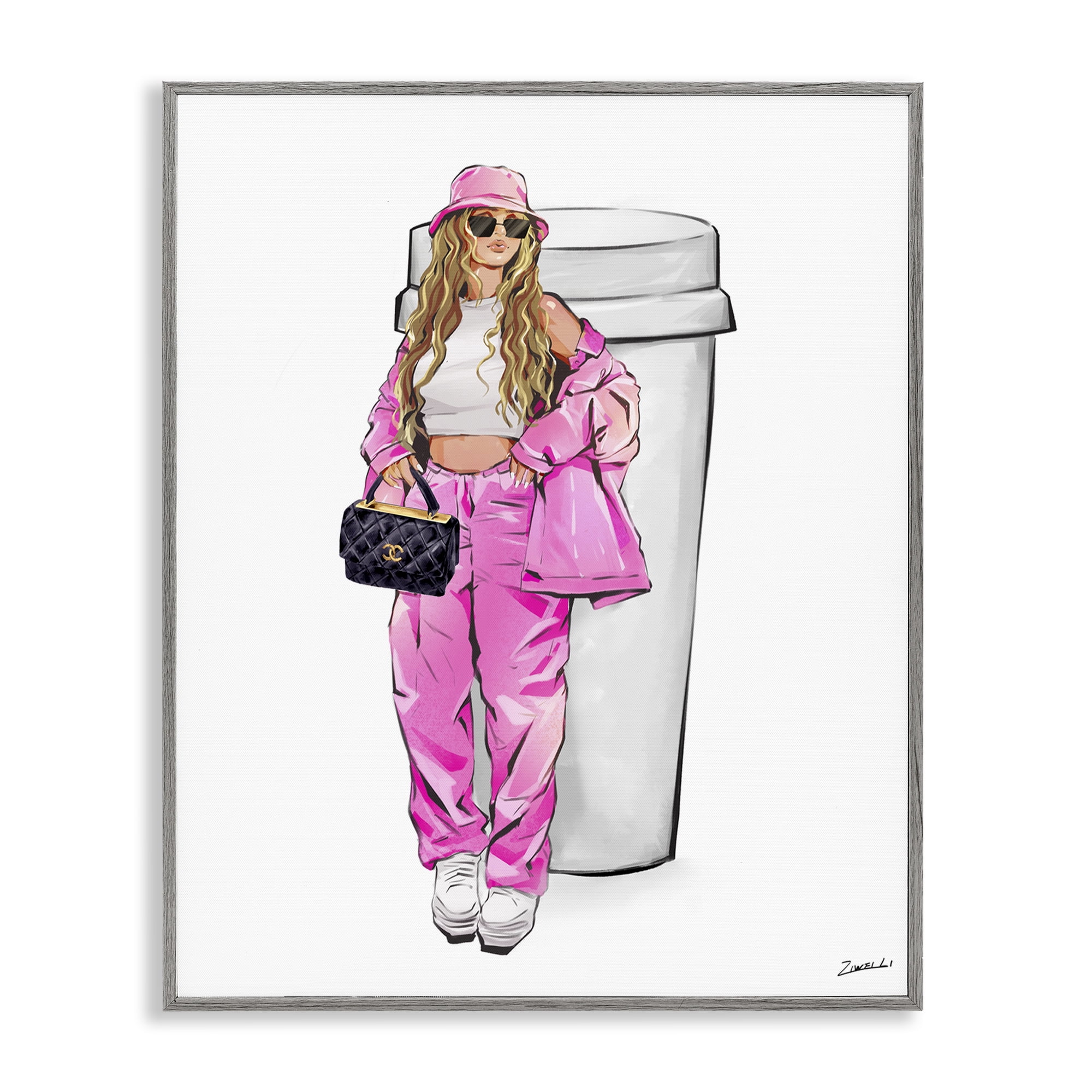 Stupell Industries Trendy Style Girl & Coffee Food & Beverage Painting Gray Framed Art Print Wall Art, 16 x 20
