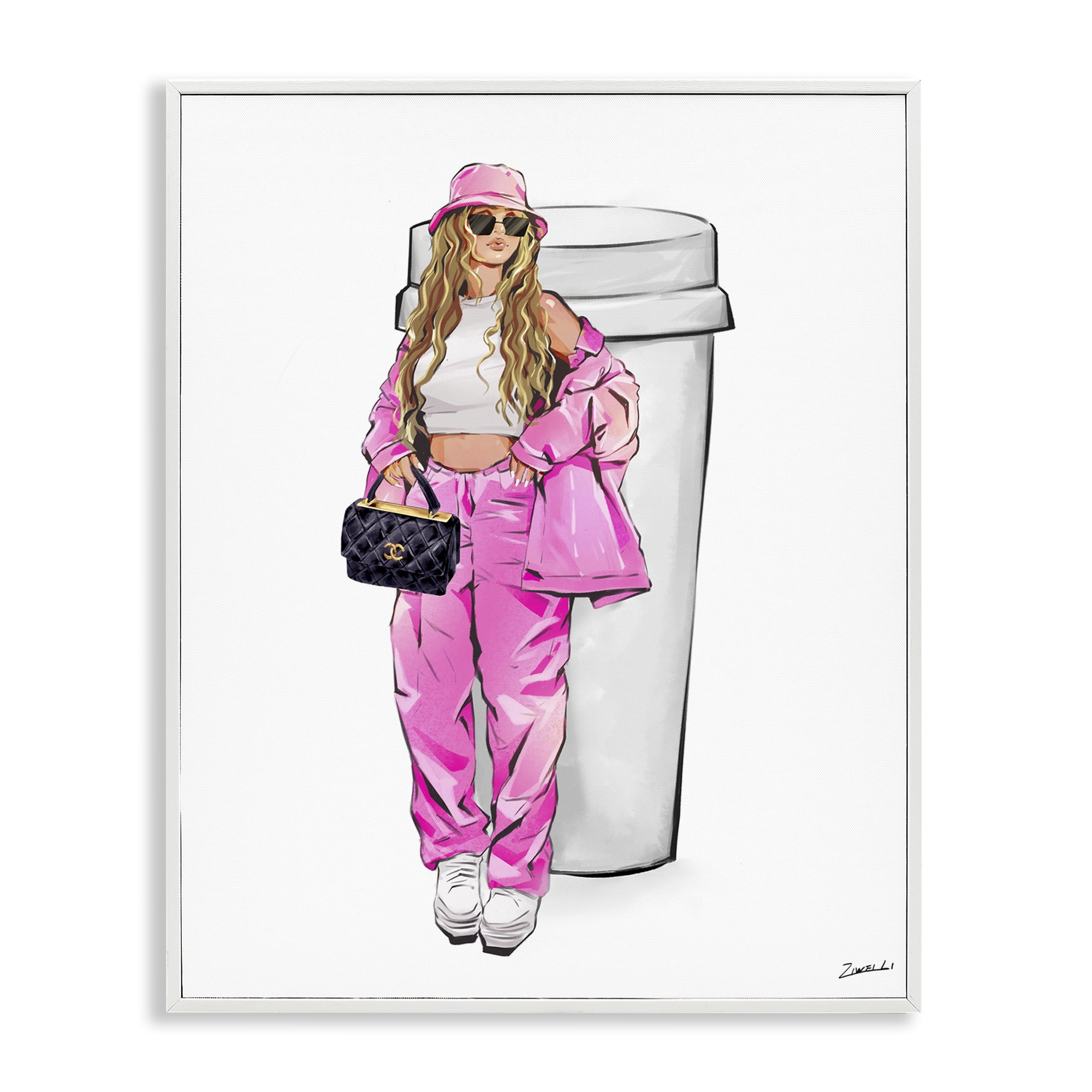 Stupell Industries Trendy Style Girl & Coffee Food & Beverage Painting White Framed Art Print Wall Art, 16 x 20