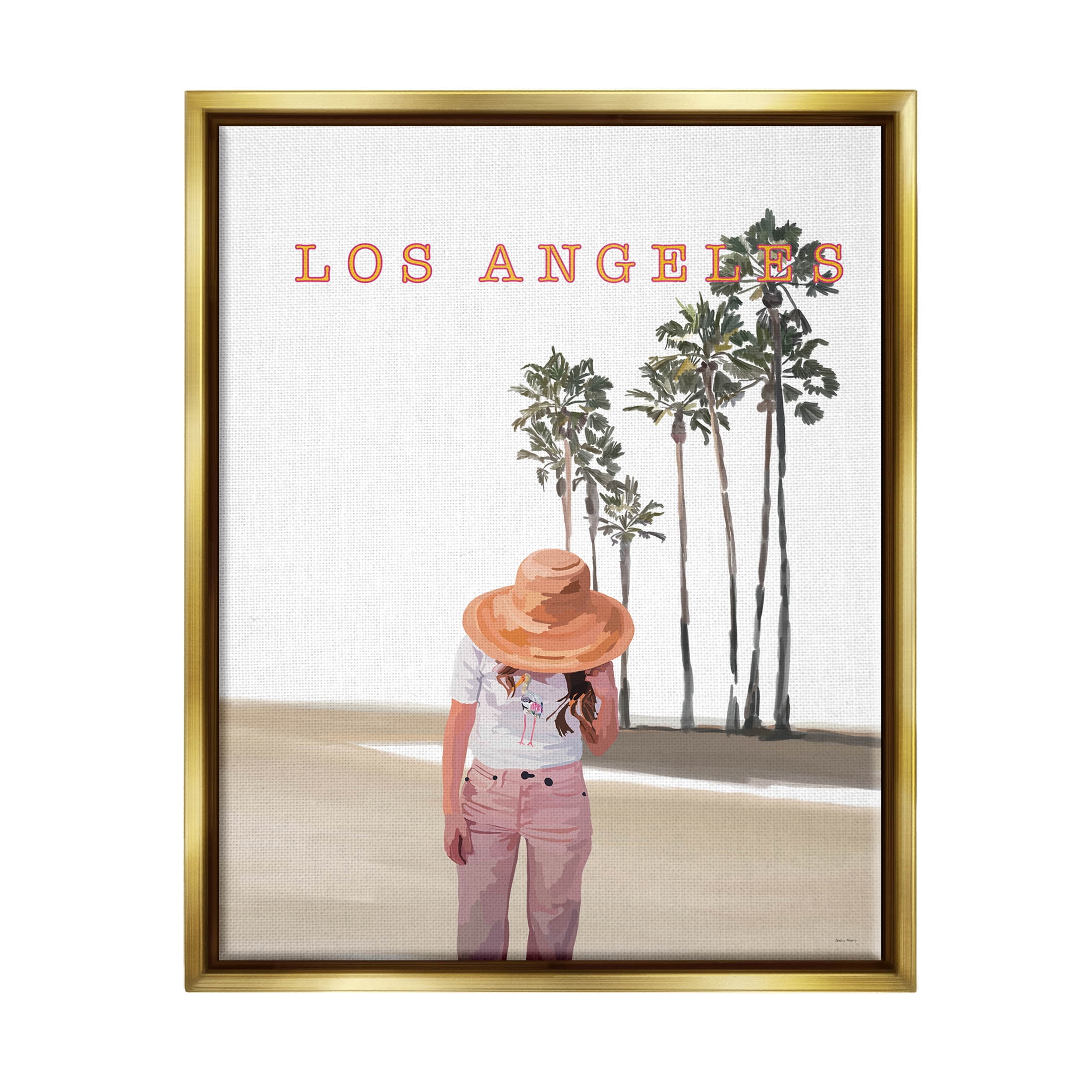 Stupell Industries Trendy Summer Girl Los Angeles Scenery Graphic Art Metallic Gold Floating Framed Canvas Print Wall Art, Design by Amelia Noyes