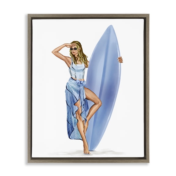 Stupell Industries Trendy Surfer Girl in Blue People Painting Brown Floater Framed Canvas Art Print Wall Art, 17 x 21