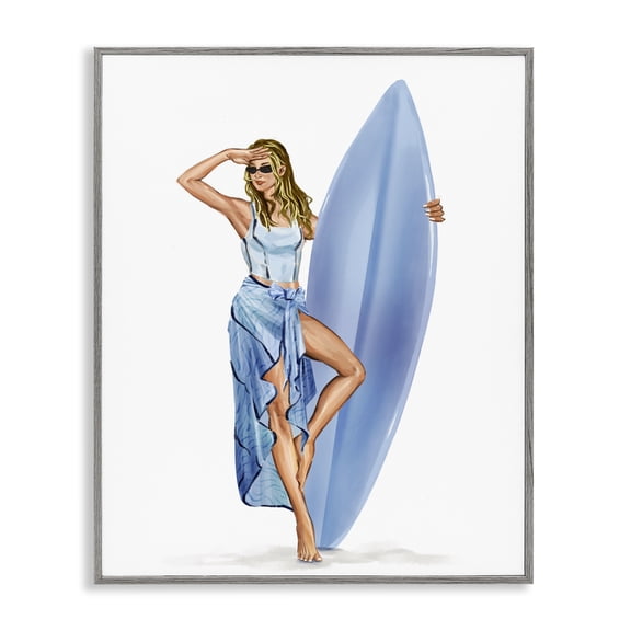 Stupell Industries Trendy Surfer Girl in Blue People Painting Gray Framed Art Print Wall Art, 16 x 20