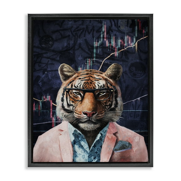 Stupell Industries Trendy Tiger on Abstract Animals Painting Black Floater Framed Canvas Art Print Wall Art, 17 x 21
