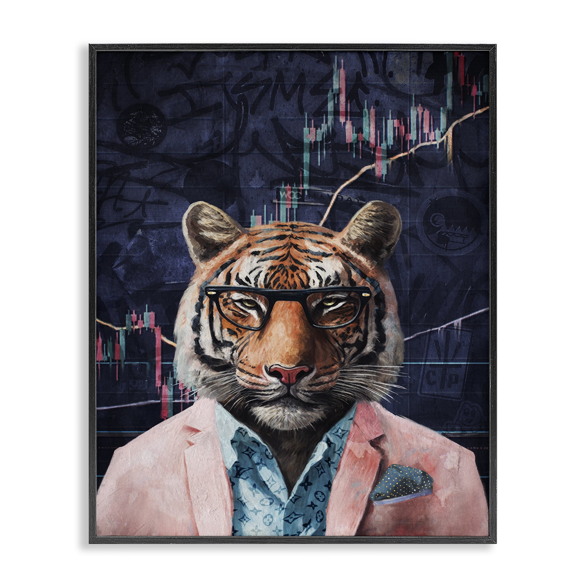 Stupell Industries Trendy Tiger on Abstract Animals Painting Black Framed Art Print Wall Art, 16 x 20