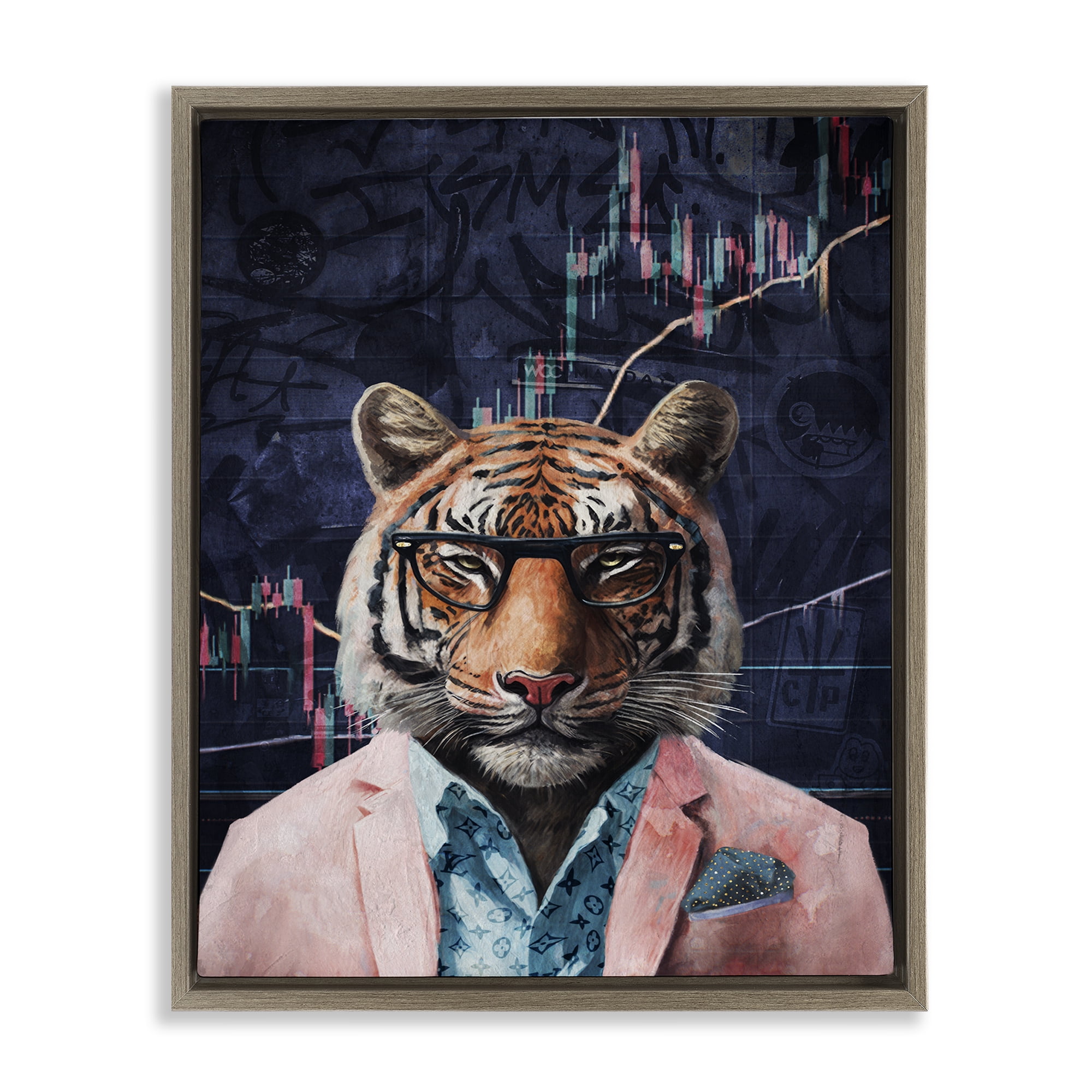 Stupell Industries Trendy Tiger on Abstract Animals Painting Brown Floater Framed Canvas Art Print Wall Art, 25 x 31
