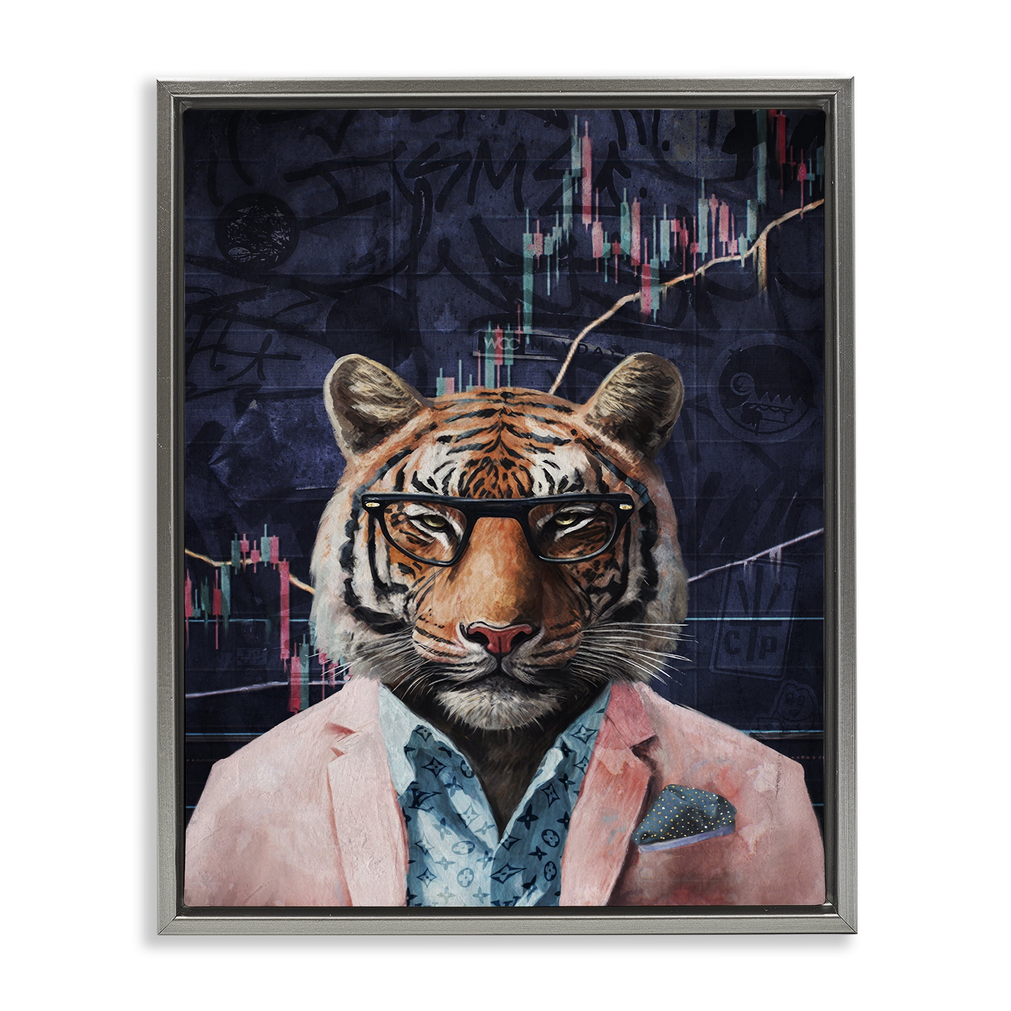 Stupell Industries Trendy Tiger on Abstract Animals Painting Gray Floater Framed Canvas Art Print Wall Art, 17 x 21