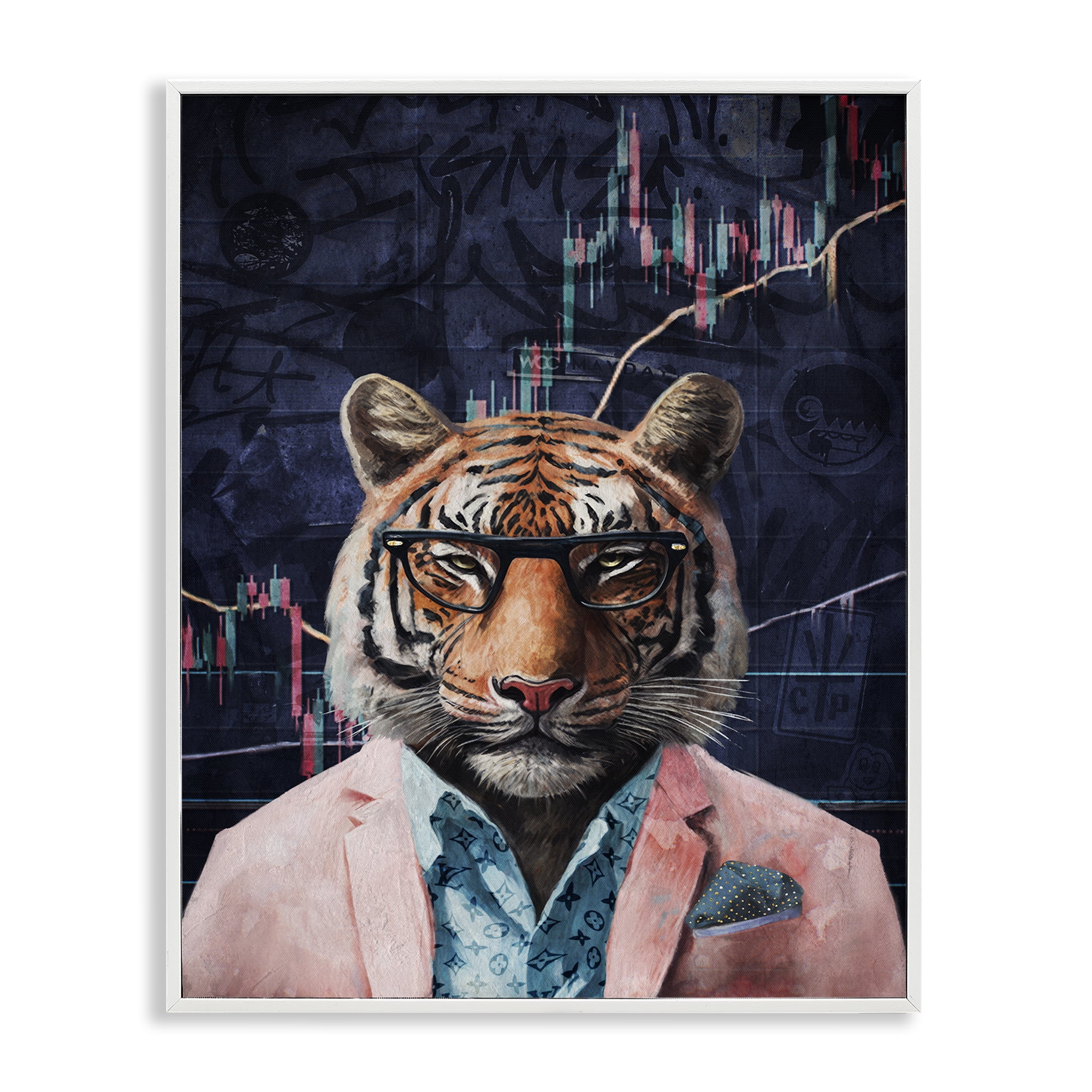 Stupell Industries Trendy Tiger on Abstract Animals Painting White Framed Art Print Wall Art, 11 x 14