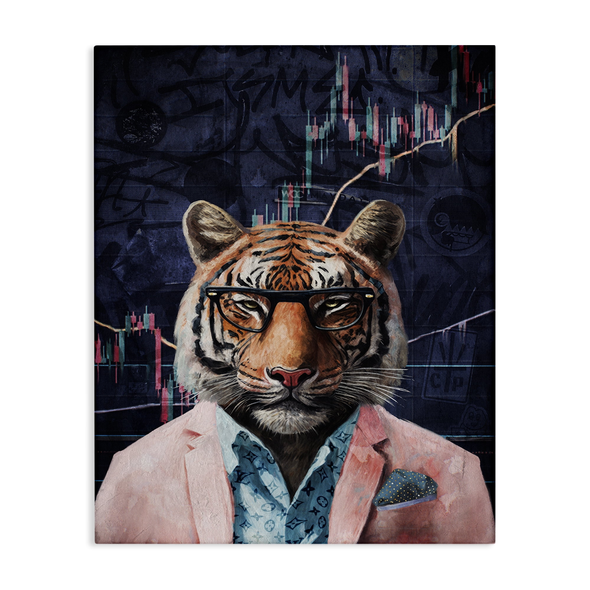 Stupell Industries Trendy Tiger on Abstract Animals Painting Wrapped Canvas Art Print Wall Art, 16 x 20