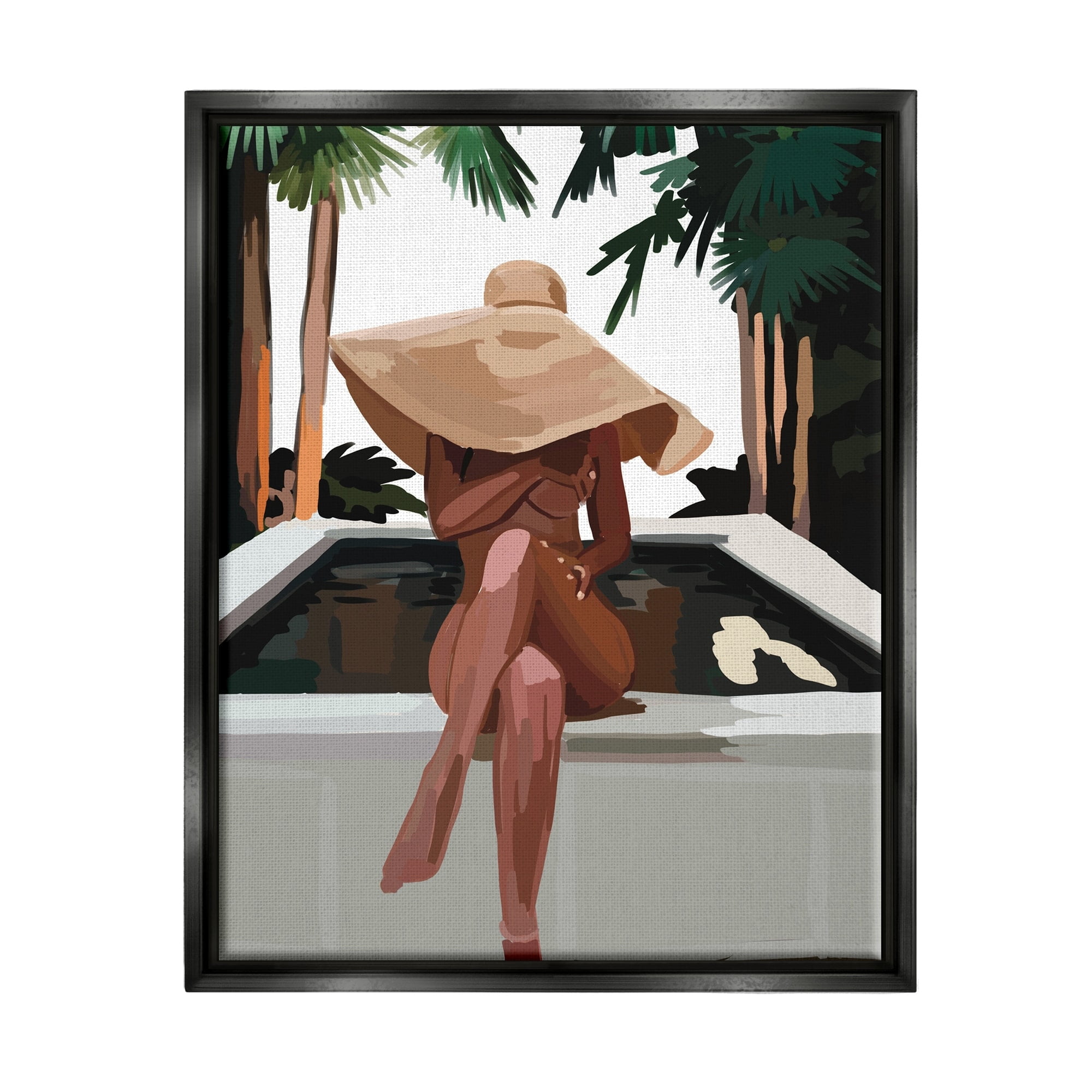 Stupell Industries Trendy Upscale Woman Tropical Summer Hot Tub Graphic Art Jet Black Floating Framed Canvas Print Wall Art, Design by Amelia Noyes