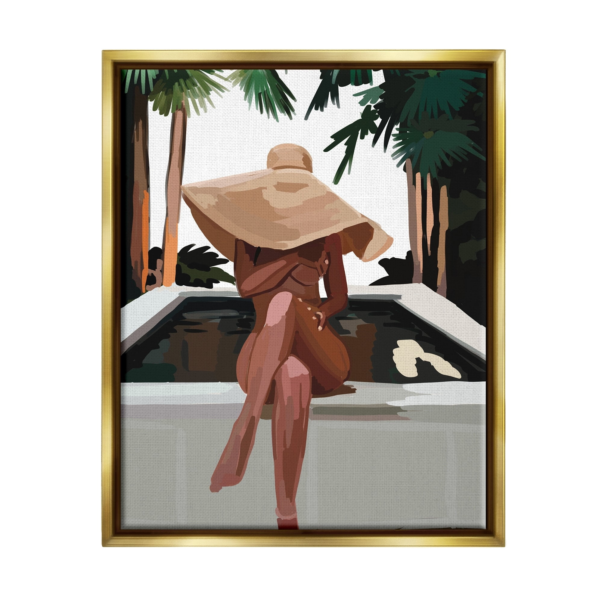 Stupell Industries Trendy Upscale Woman Tropical Summer Hot Tub Graphic Art Metallic Gold Floating Framed Canvas Print Wall Art, Design by Amelia Noyes