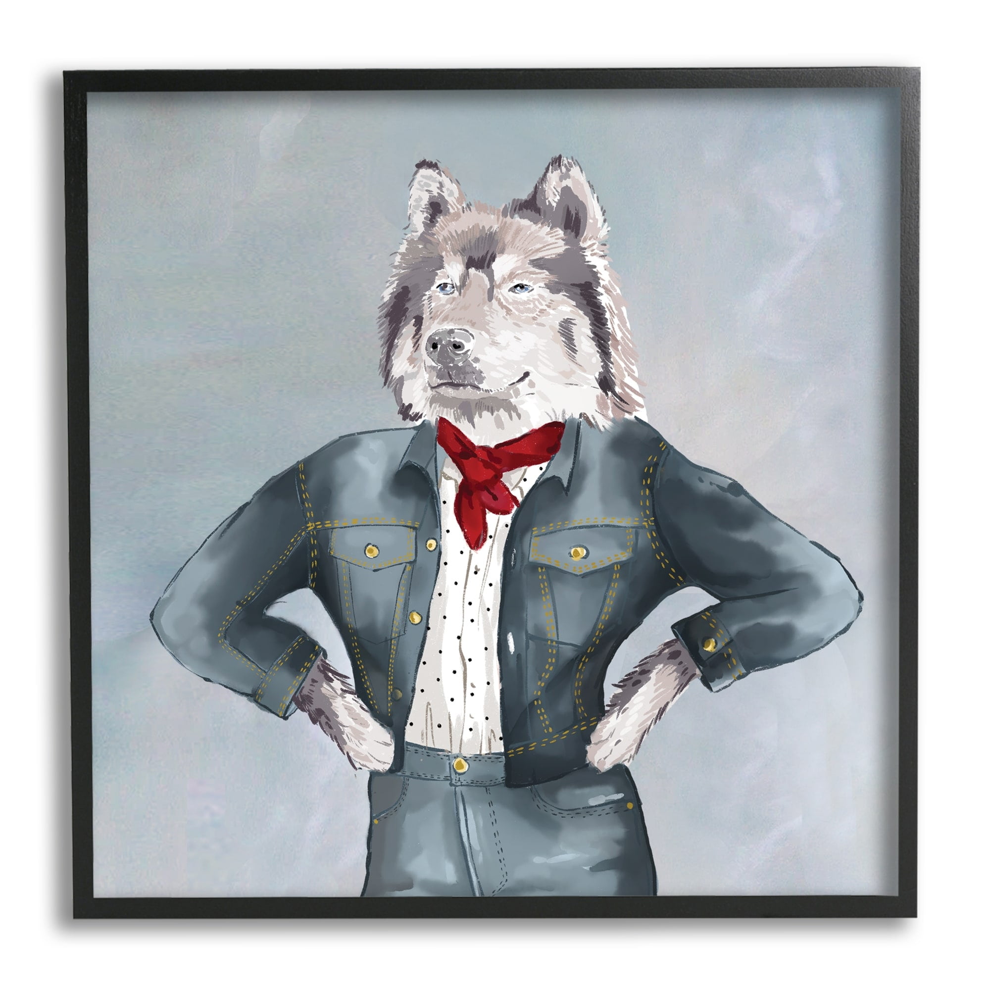 Stupell Industries Trendy Wolf Stylish Denim Outfit Fashion Animal Graphic Art Black Framed Art Print Wall Art, Design by House of Rose