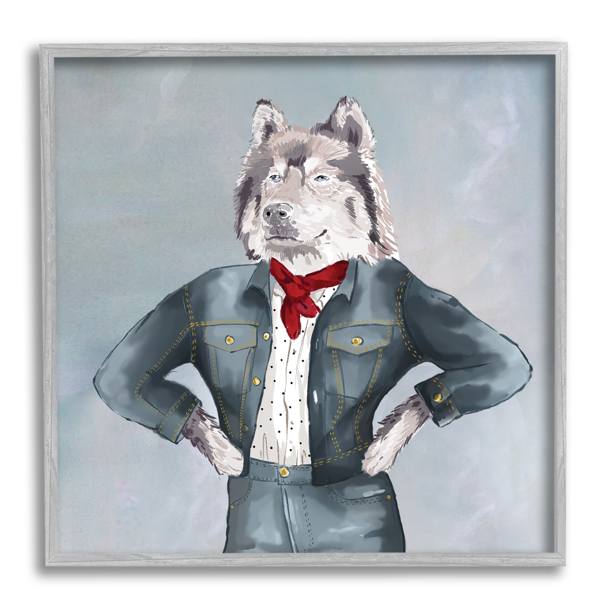 Stupell Industries Trendy Wolf Stylish Denim Outfit Fashion Animal Graphic Art Gray Framed Art Print Wall Art, Design by House of Rose
