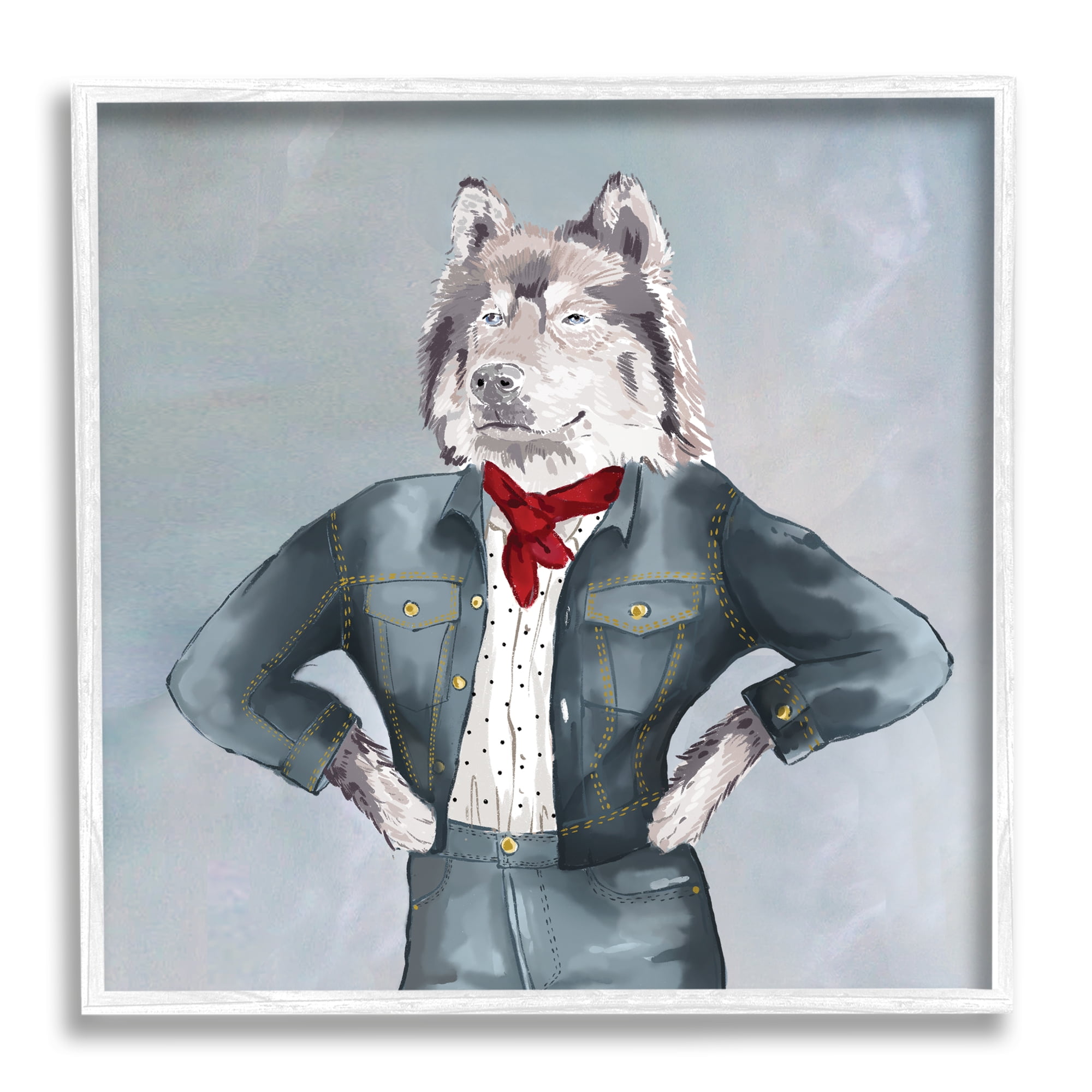 Stupell Industries Trendy Wolf Stylish Denim Outfit Fashion Animal Graphic Art White Framed Art Print Wall Art, Design by House of Rose