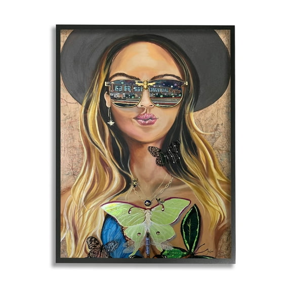 Stupell Industries Trendy Woman Luna Moth City Reflection Sunglasses Painting Black Framed Art Print Wall Art, Design by Stacy Gresell