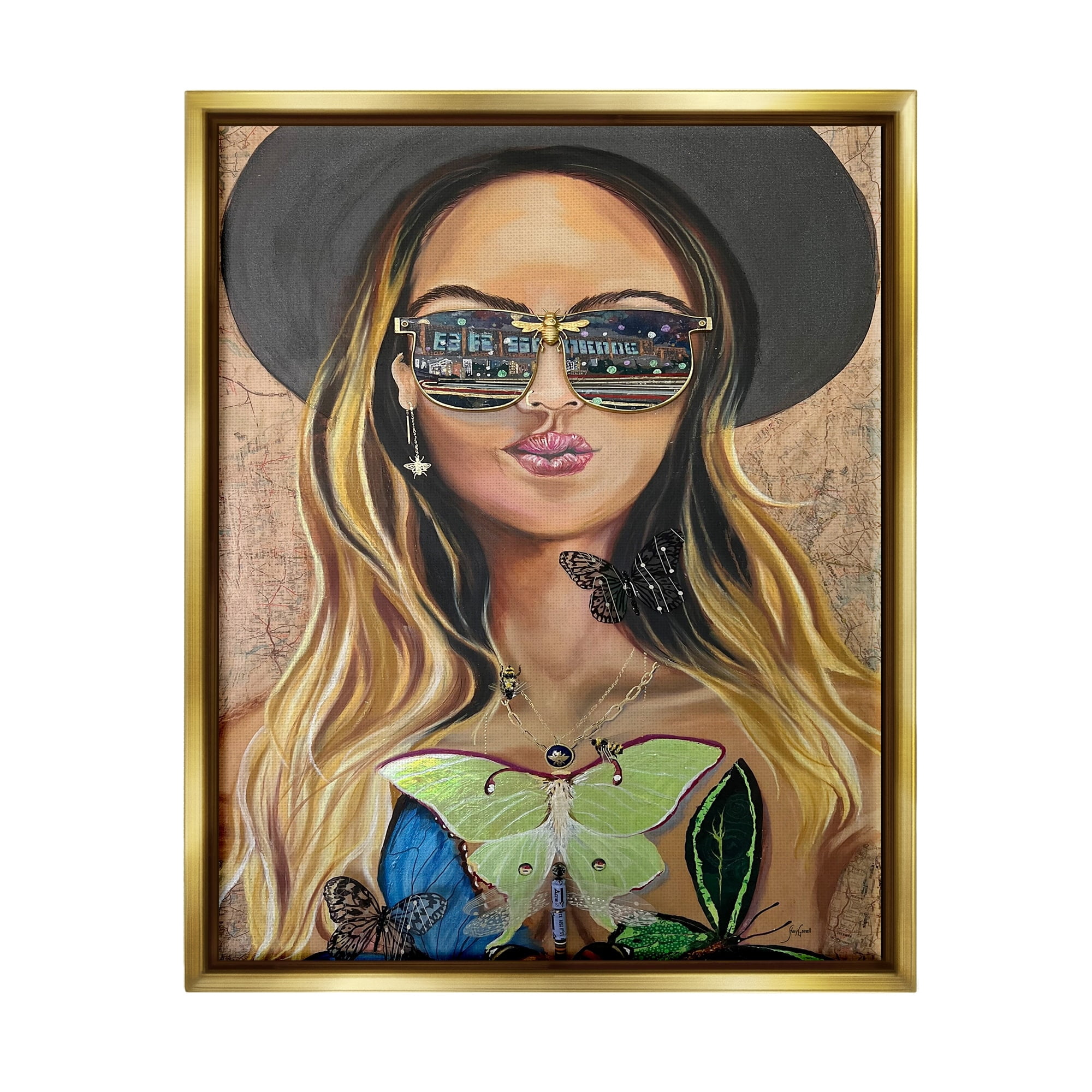 Stupell Industries Trendy Woman Luna Moth City Reflection Sunglasses Painting Metallic Gold Floating Framed Canvas Print Wall Art, Design by Stacy Gresell