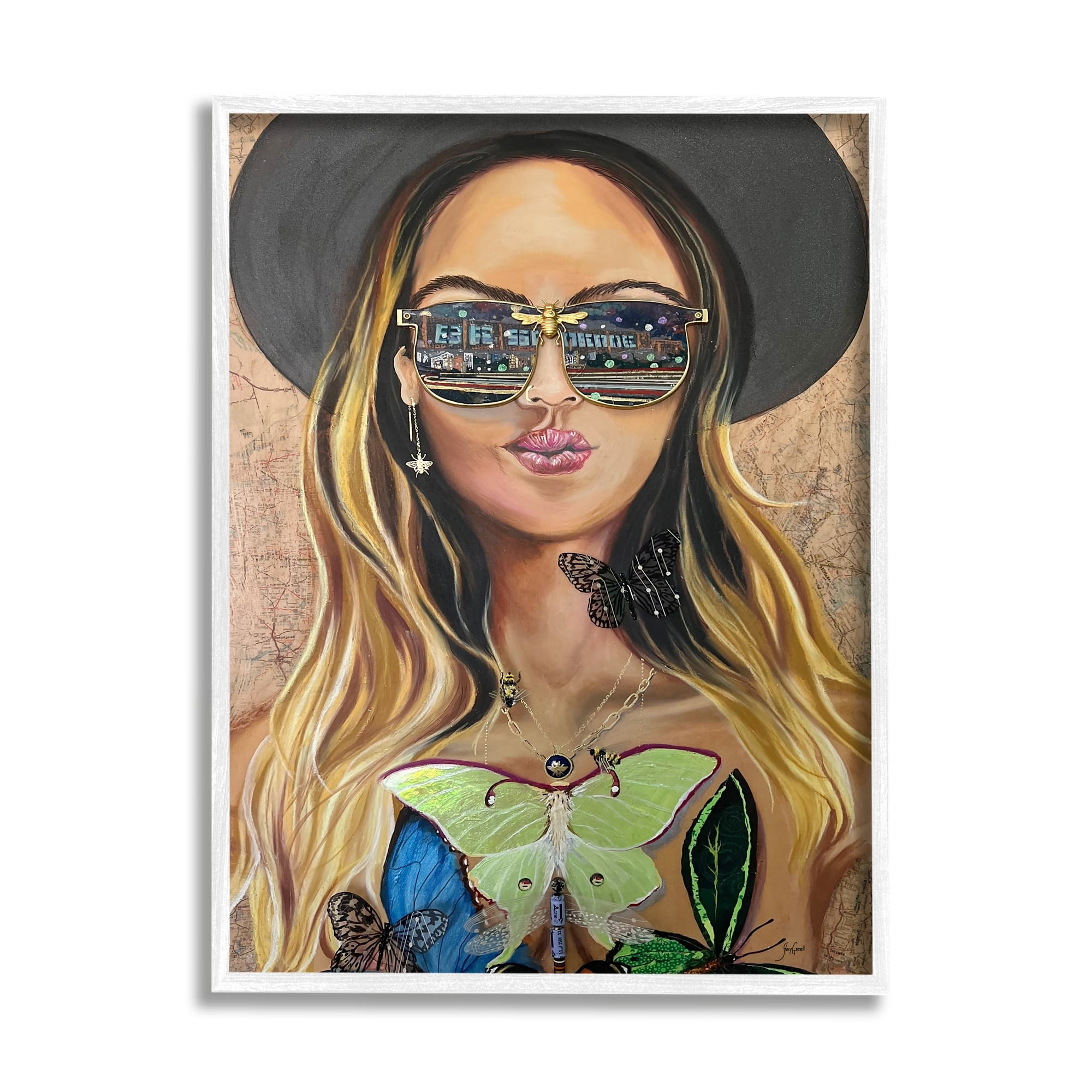 Stupell Industries Trendy Woman Luna Moth City Reflection Sunglasses Painting White Framed Art Print Wall Art, Design by Stacy Gresell