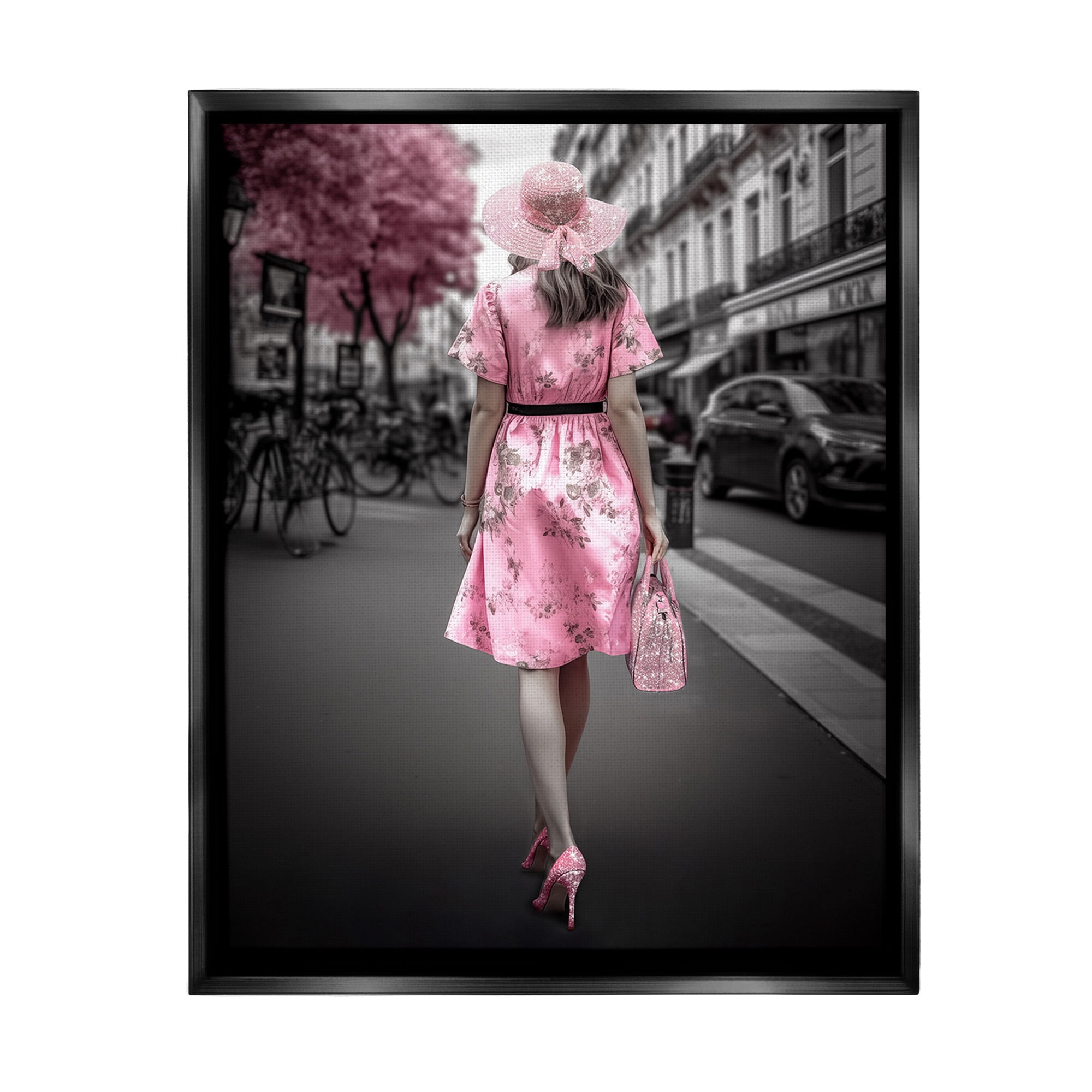 Stupell Industries Trendy Woman in City Travel & Places Painting Black Floater Framed Canvas Art Print Wall Art, 17 x 21