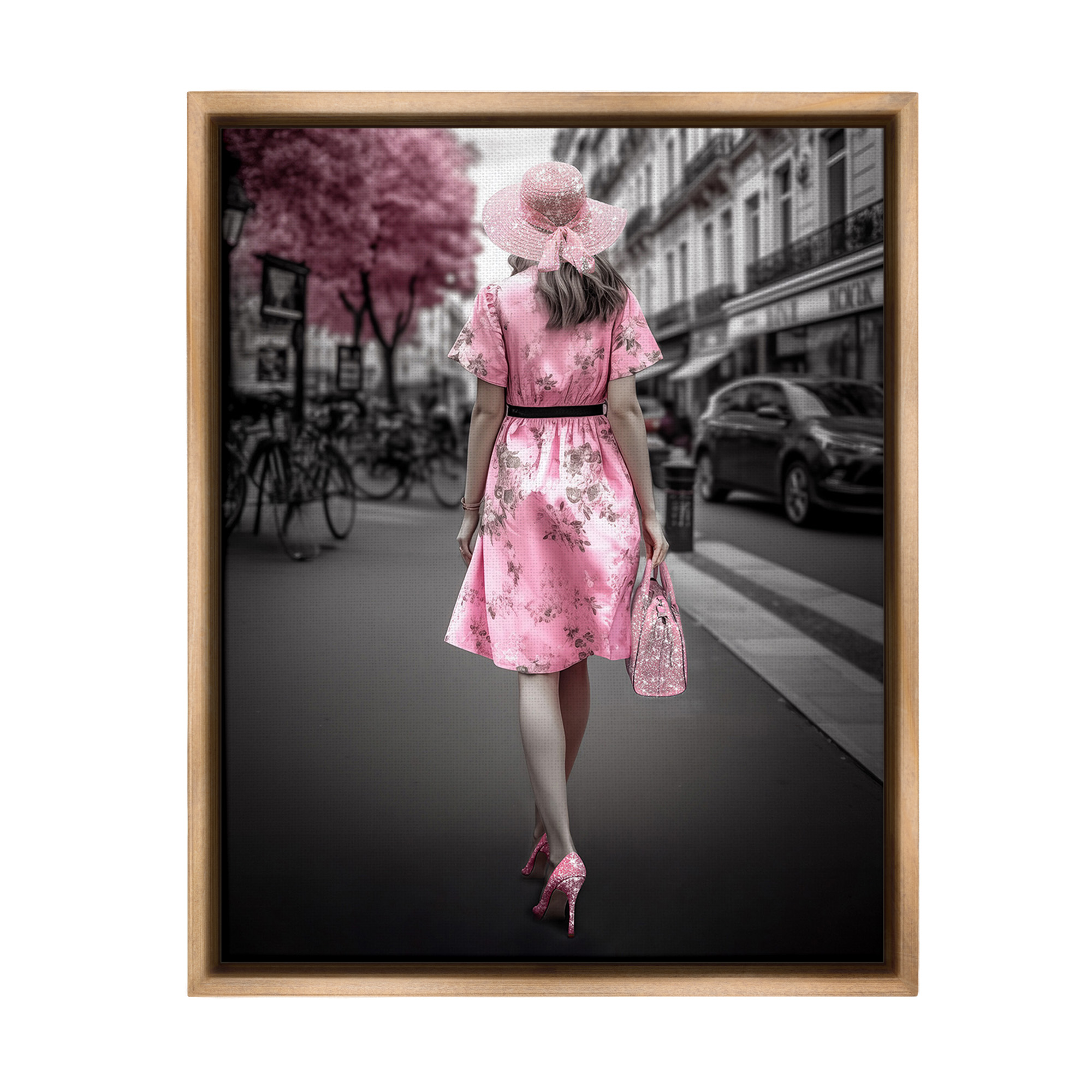 Stupell Industries Trendy Woman in City Travel & Places Painting Brown Floater Framed Canvas Art Print Wall Art, 25 x 31