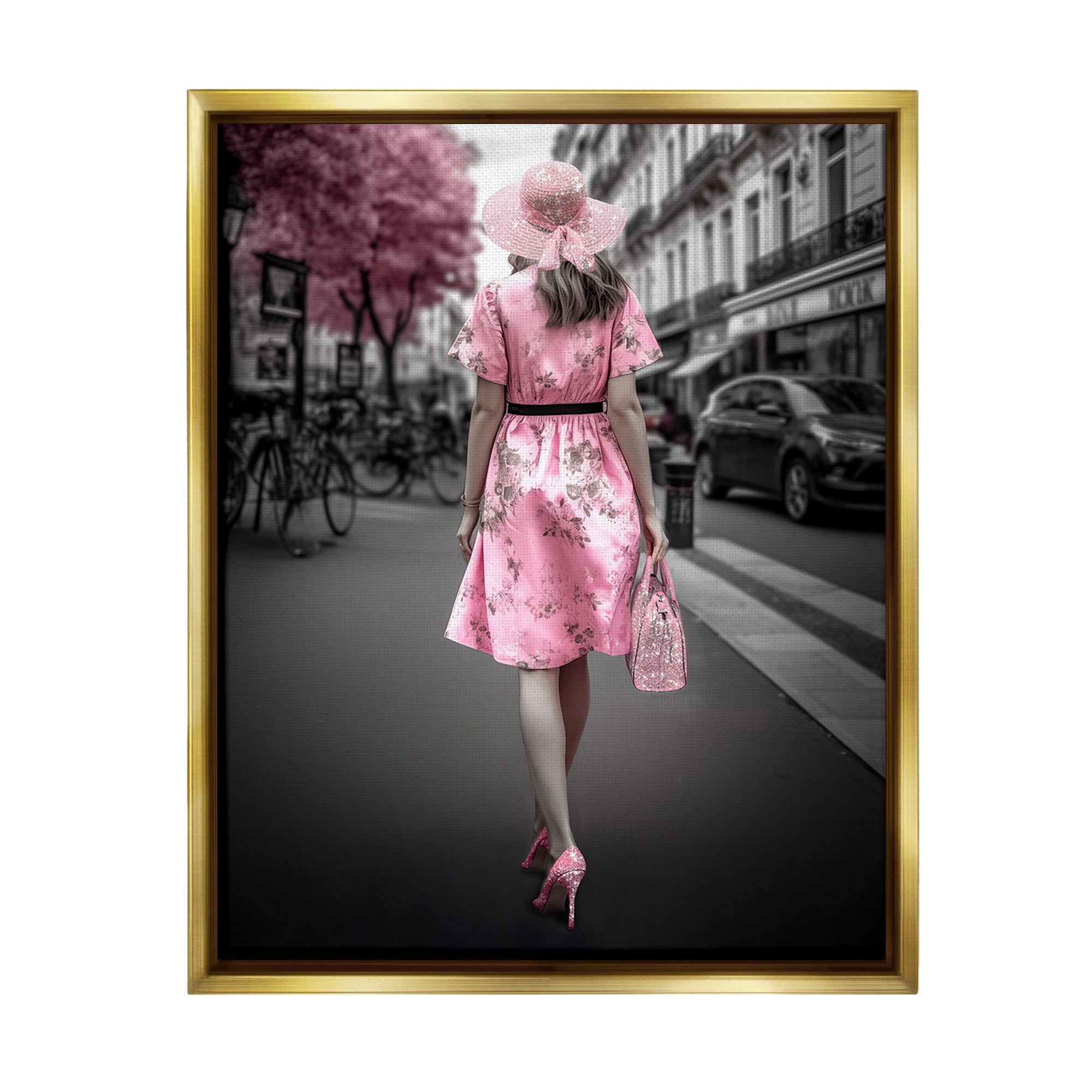 Stupell Industries Trendy Woman in City Travel & Places Painting Gold Floater Framed Canvas Art Print Wall Art, 25 x 31