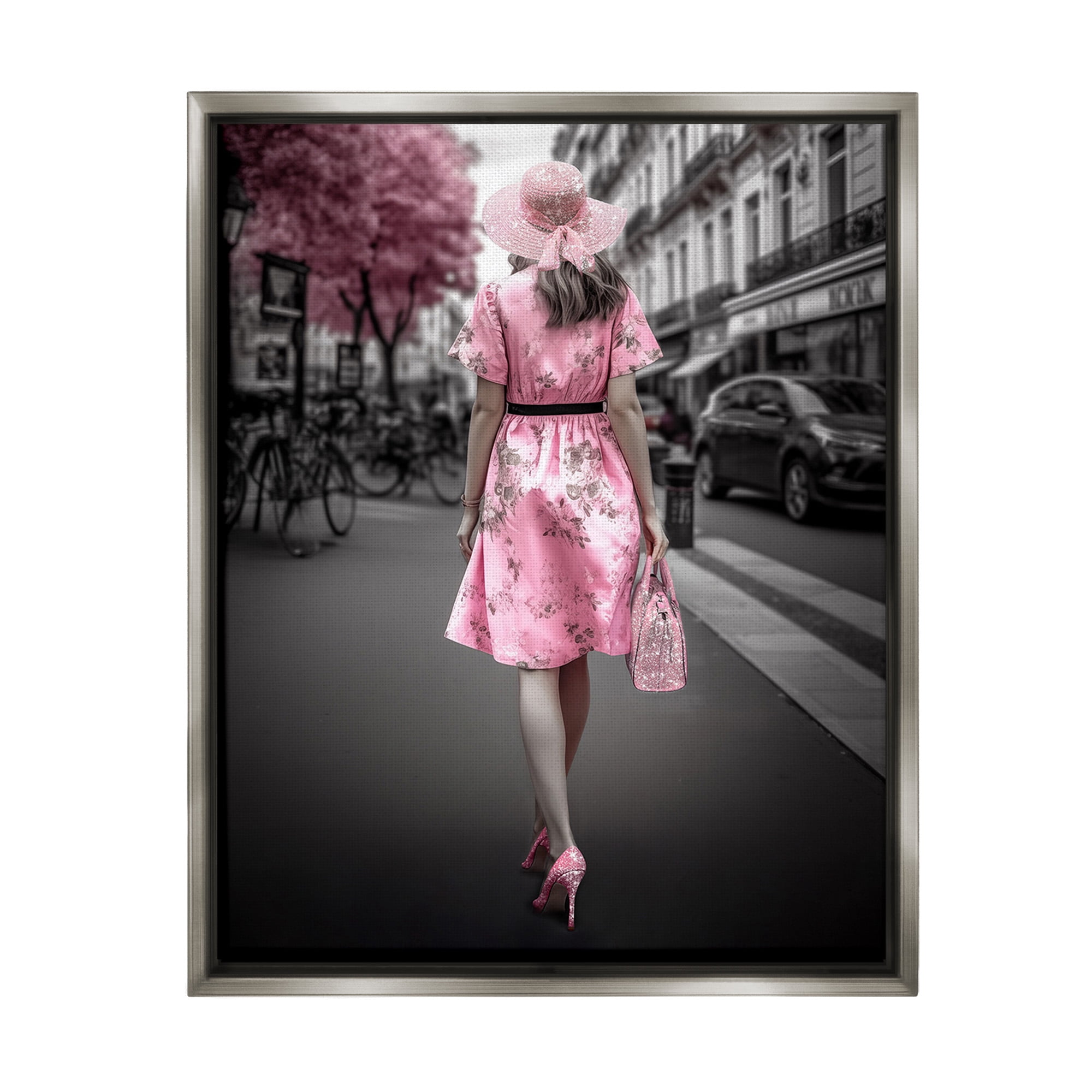 Stupell Industries Trendy Woman in City Travel & Places Painting Gray Floater Framed Canvas Art Print Wall Art, 25 x 31