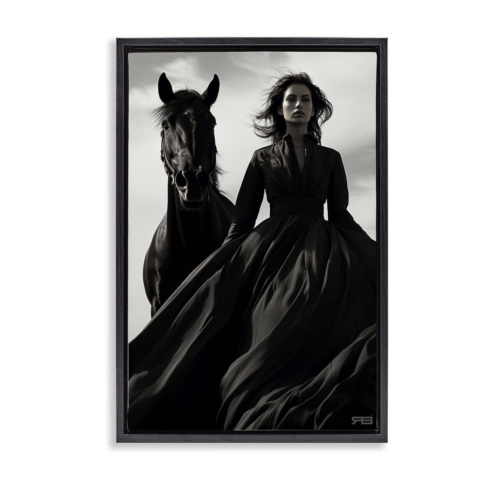 Stupell Industries Trendy Woman with Horse People Painting Black Floater Framed Canvas Art Print Wall Art, 21 x 31