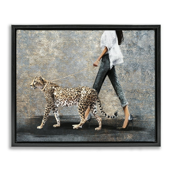 Stupell Industries Trendy Woman with Leopard People Painting Black Floater Framed Canvas Art Print Wall Art, 21 x 17
