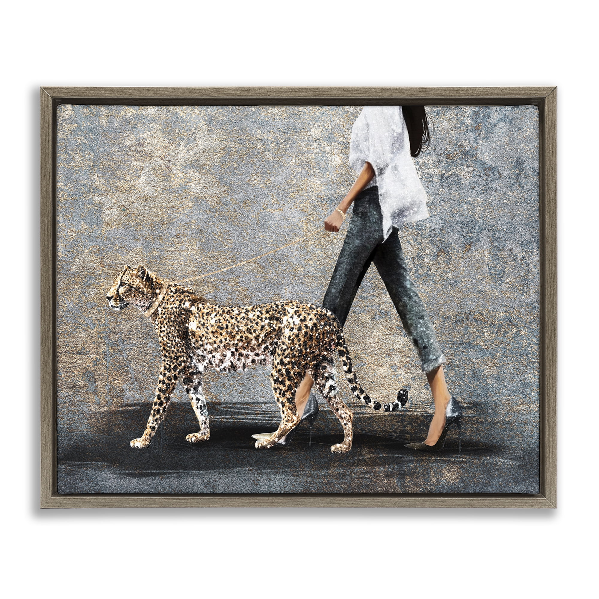 Stupell Industries Trendy Woman with Leopard People Painting Brown Floater Framed Canvas Art Print Wall Art, 31 x 25