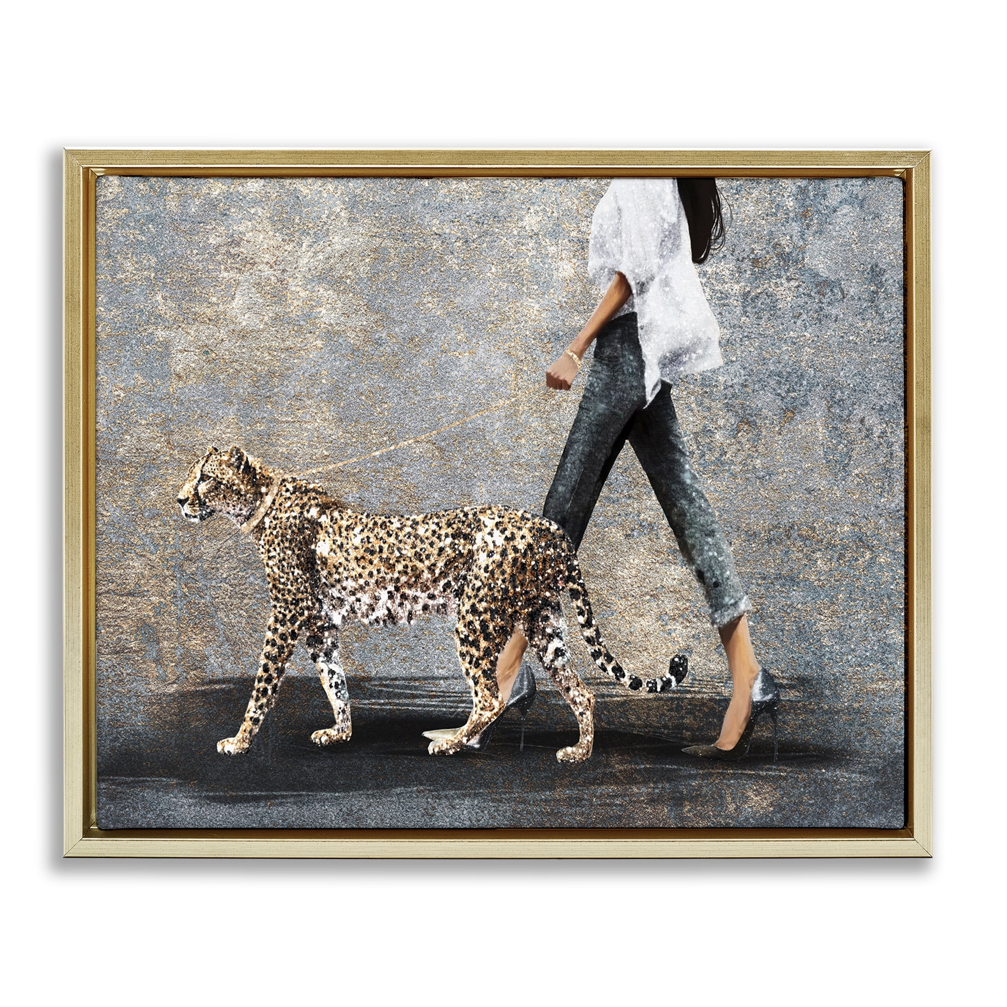 Stupell Industries Trendy Woman with Leopard People Painting Gold Floater Framed Canvas Art Print Wall Art, 21 x 17