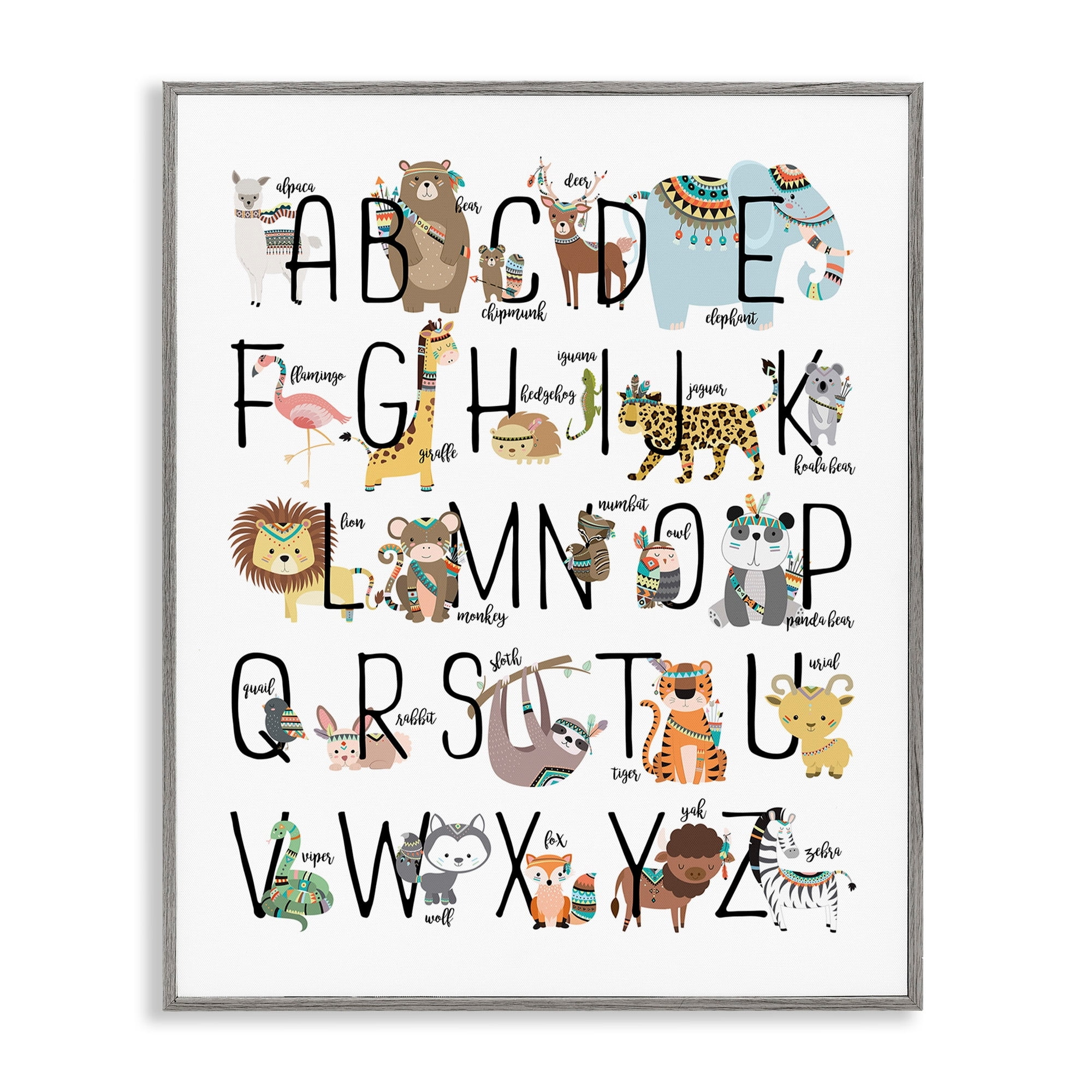 Stupell Industries Tribal Animals ABCs Graphic Art Gray Framed Art Print Wall Art, 24x30, by Erica Billups