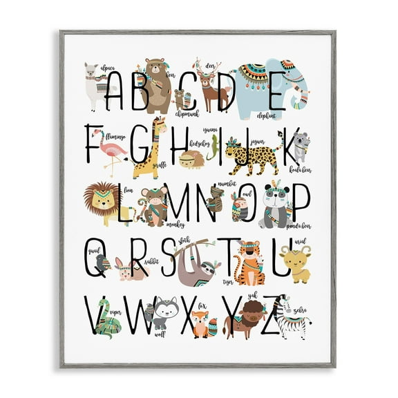 Stupell Industries Tribal Animals ABCs Graphic Art Gray Framed Art Print Wall Art, 24x30, by Erica Billups