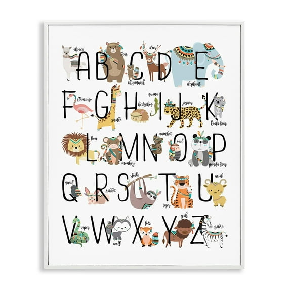 Stupell Industries Tribal Animals ABCs Graphic Art White Framed Art Print Wall Art, 24x30, by Erica Billups