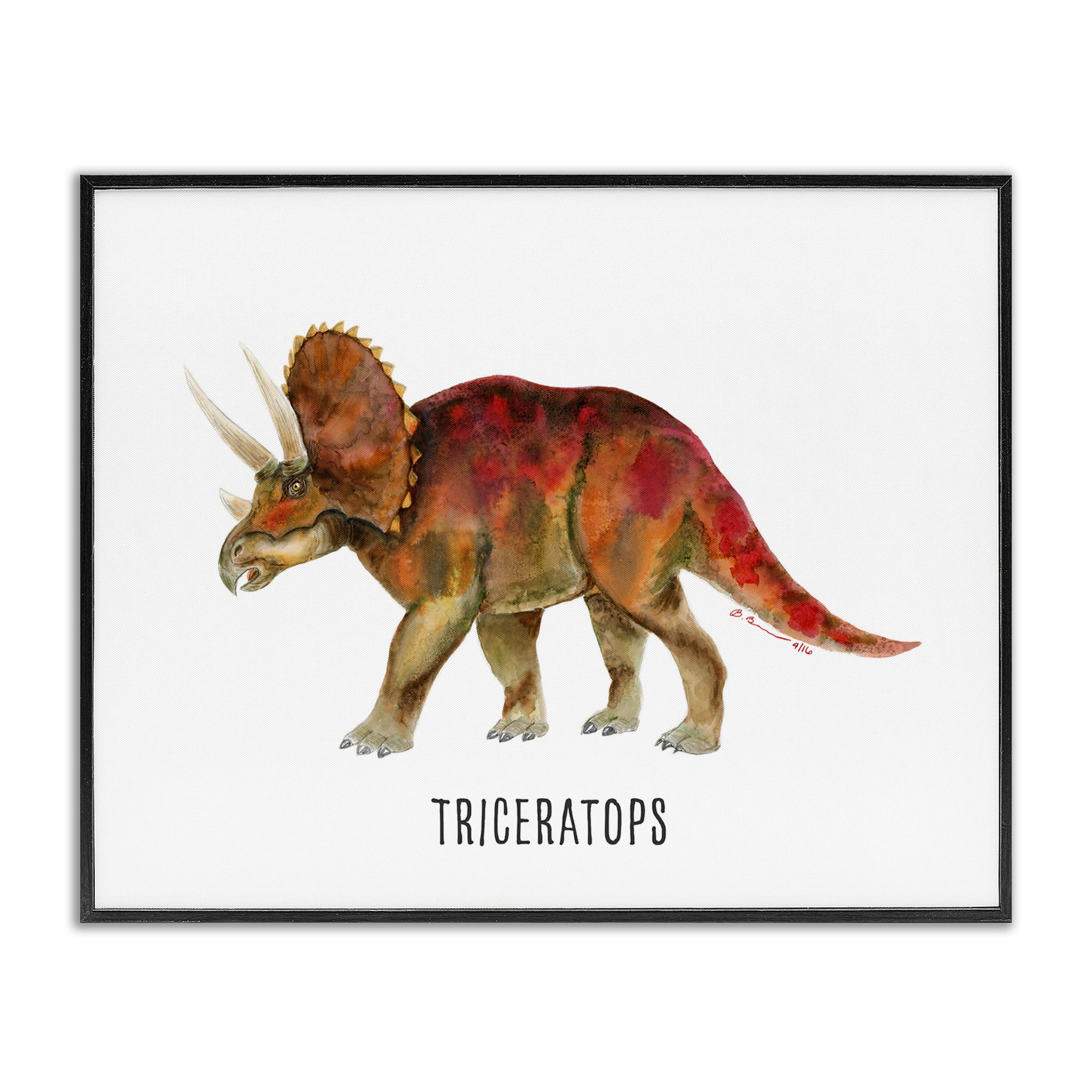 Stupell Industries Triceratops Dinosaur Learning Animals Painting Black Framed Art Print Wall Art, 30 x 24