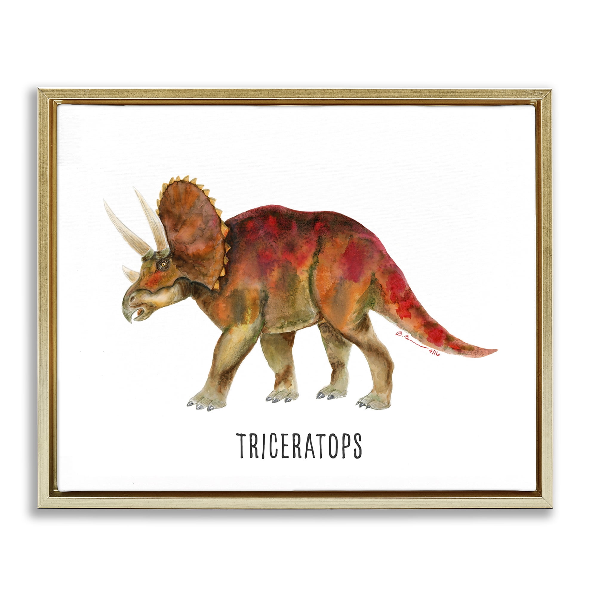 Stupell Industries Triceratops Dinosaur Learning Animals Painting Gold Floater Framed Canvas Art Print Wall Art, 31 x 25