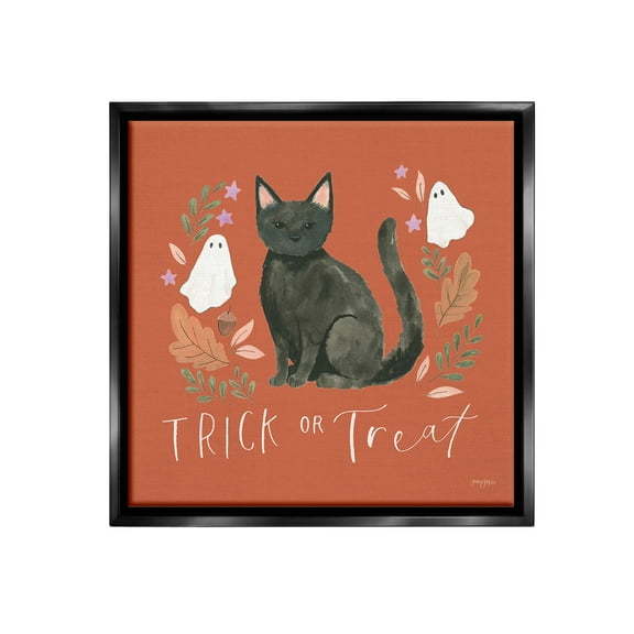 Stupell Industries Trick Or Treat Cat Holiday Painting Black Floater Framed Canvas Art Print Wall Art, 18 x 18