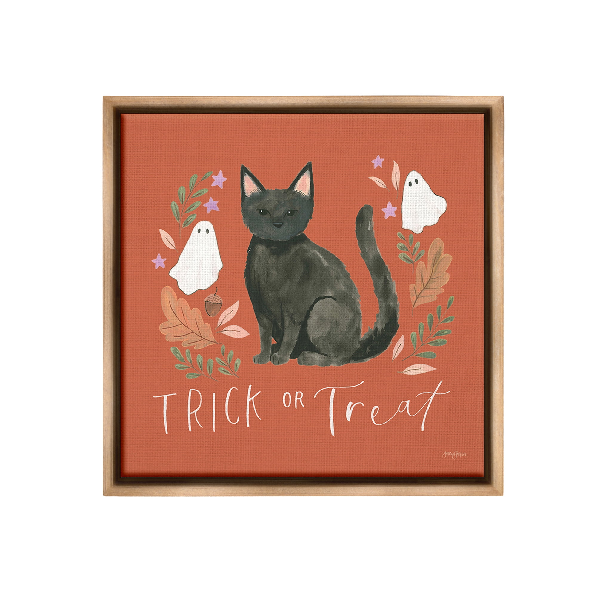 Stupell Industries Trick Or Treat Cat Holiday Painting Brown Floater Framed Canvas Art Print Wall Art, 18 x 18