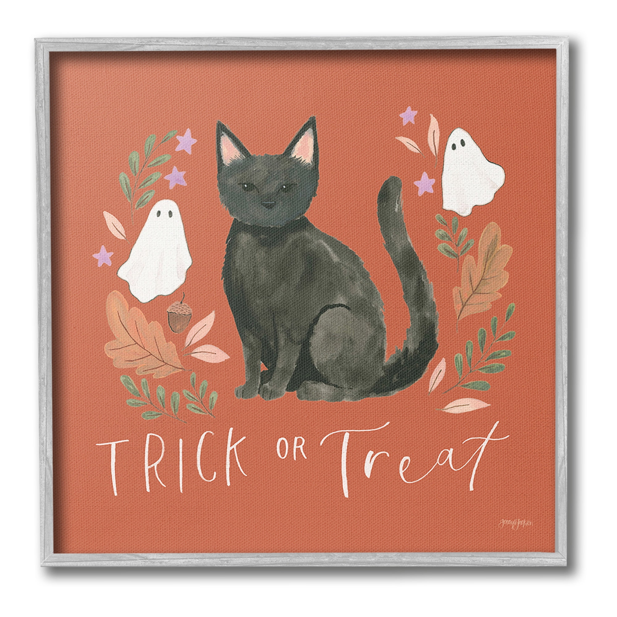 Stupell Industries Trick Or Treat Cat Holiday Painting Gray Framed Art Print Wall Art, 12 x 12