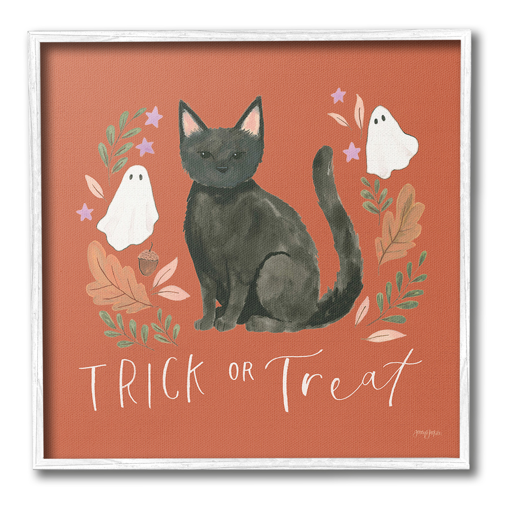 Stupell Industries Trick Or Treat Cat Holiday Painting White Framed Art Print Wall Art, 12 x 12