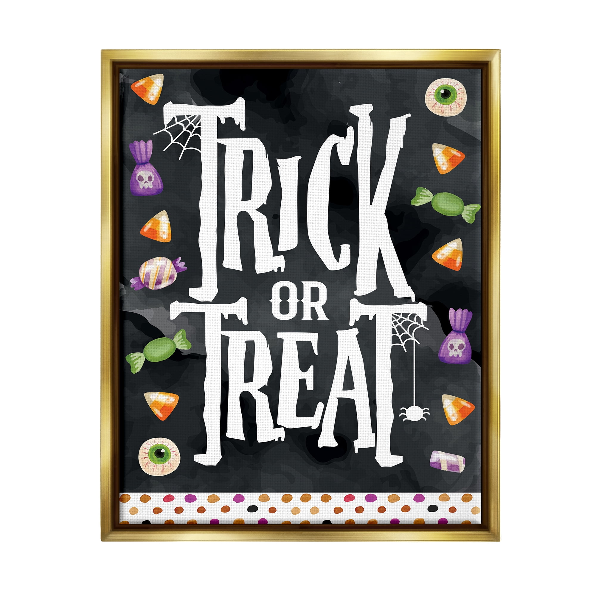 Stupell Industries Trick Or Treat Halloween Candy Holiday Painting Gold Floater Framed Art Print Wall Art