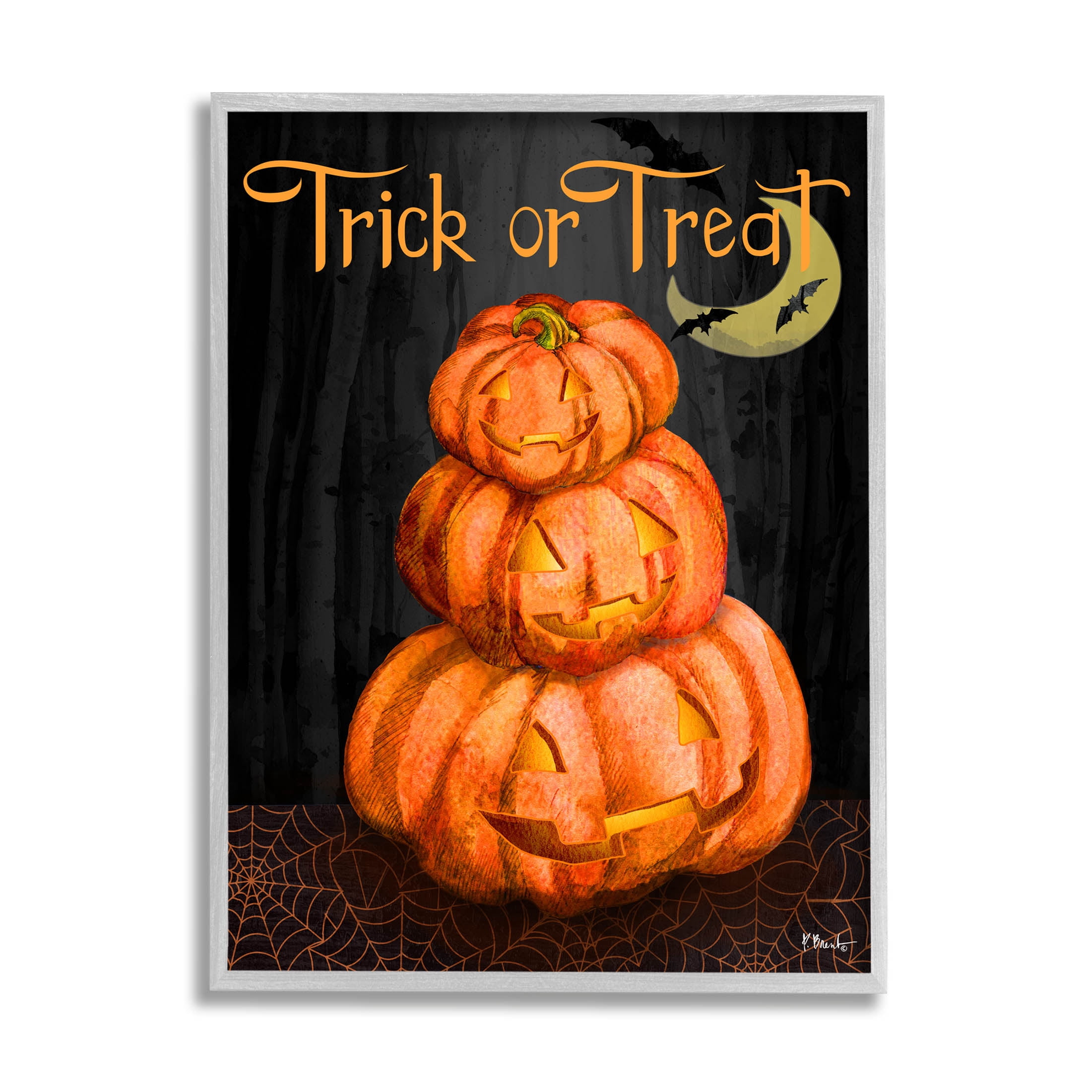 Stupell Industries Trick Or Treat Halloween Jack-o-Lantern Graphic Art Gray Framed Art Print Wall Art, Design by Paul Brent