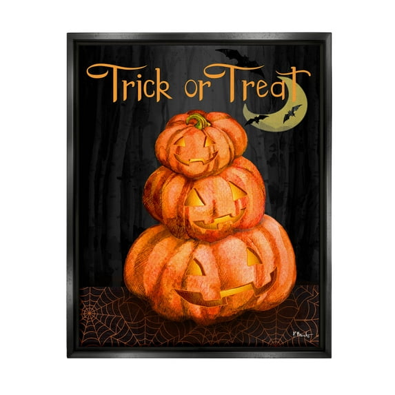 Stupell Industries Trick Or Treat Halloween Jack-o-Lantern Graphic Art Jet Black Floating Framed Canvas Print Wall Art, Design by Paul Brent