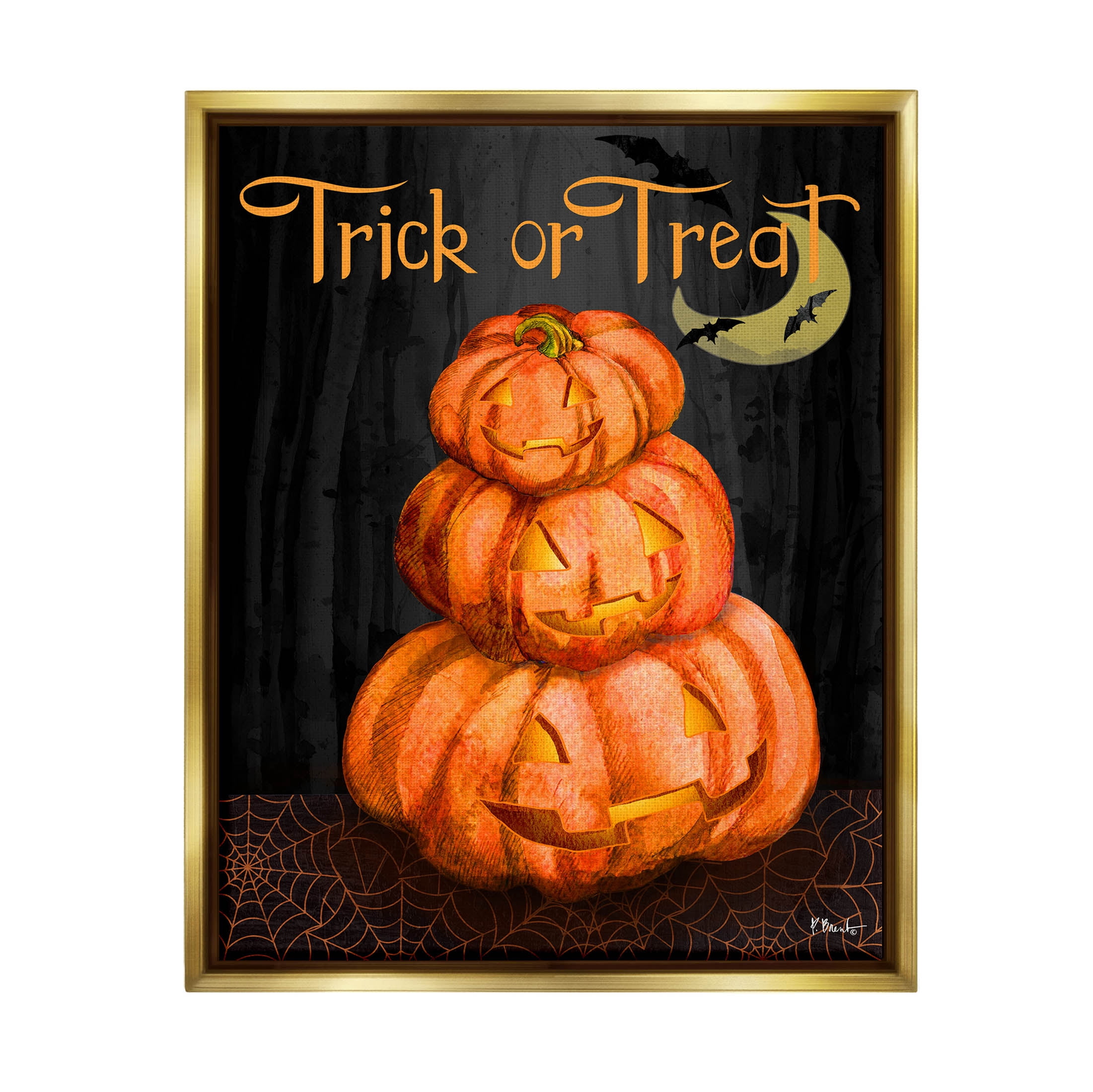 Stupell Industries Trick Or Treat Halloween Jack-o-Lantern Graphic Art Metallic Gold Floating Framed Canvas Print Wall Art, Design by Paul Brent