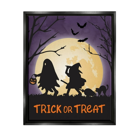 Stupell Industries Trick Or Treat Halloween Silhouettes Graphic Art Jet Black Floating Framed Canvas Print Wall Art, Design by Linda Birtel