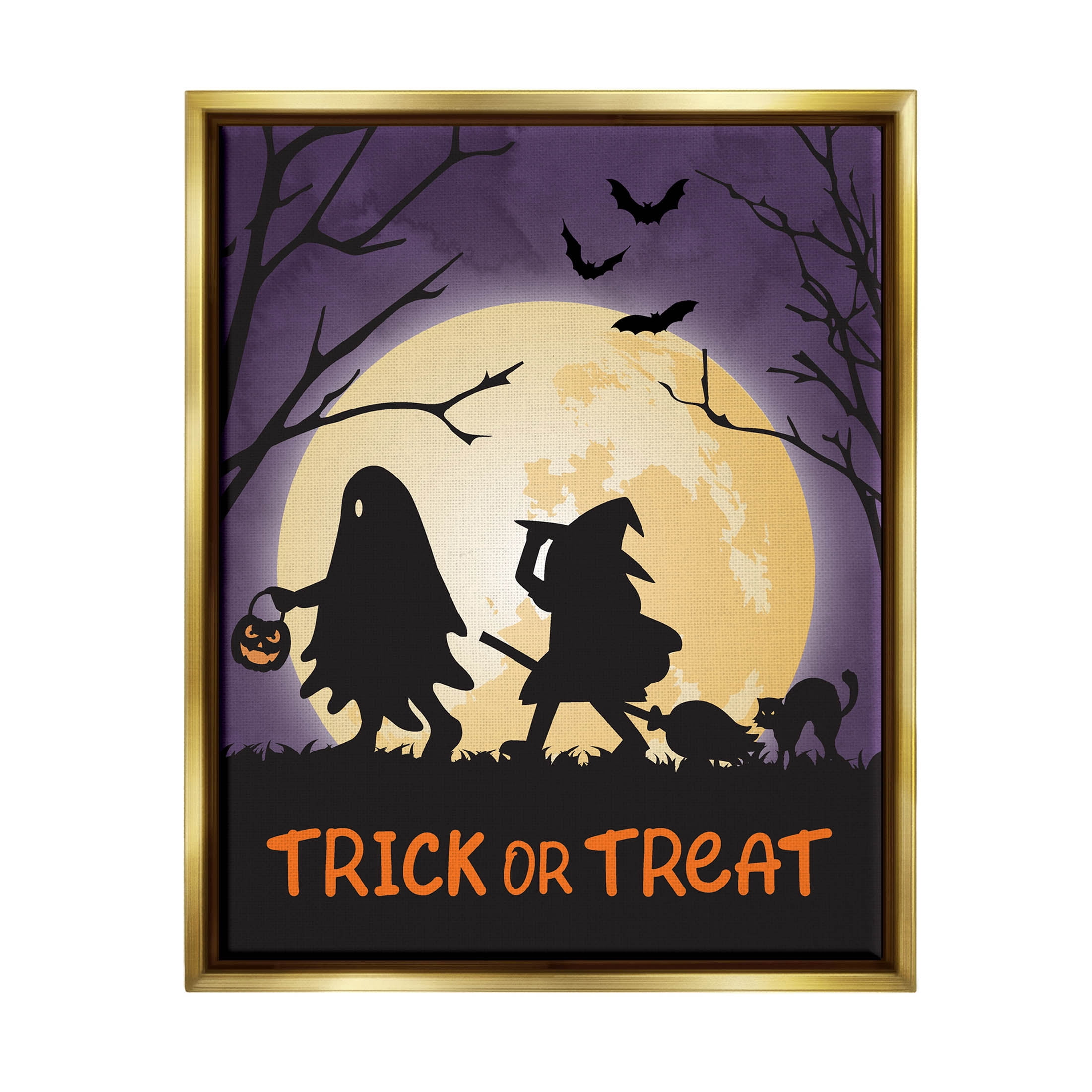 Stupell Industries Trick Or Treat Halloween Silhouettes Graphic Art Metallic Gold Floating Framed Canvas Print Wall Art, Design by Linda Birtel