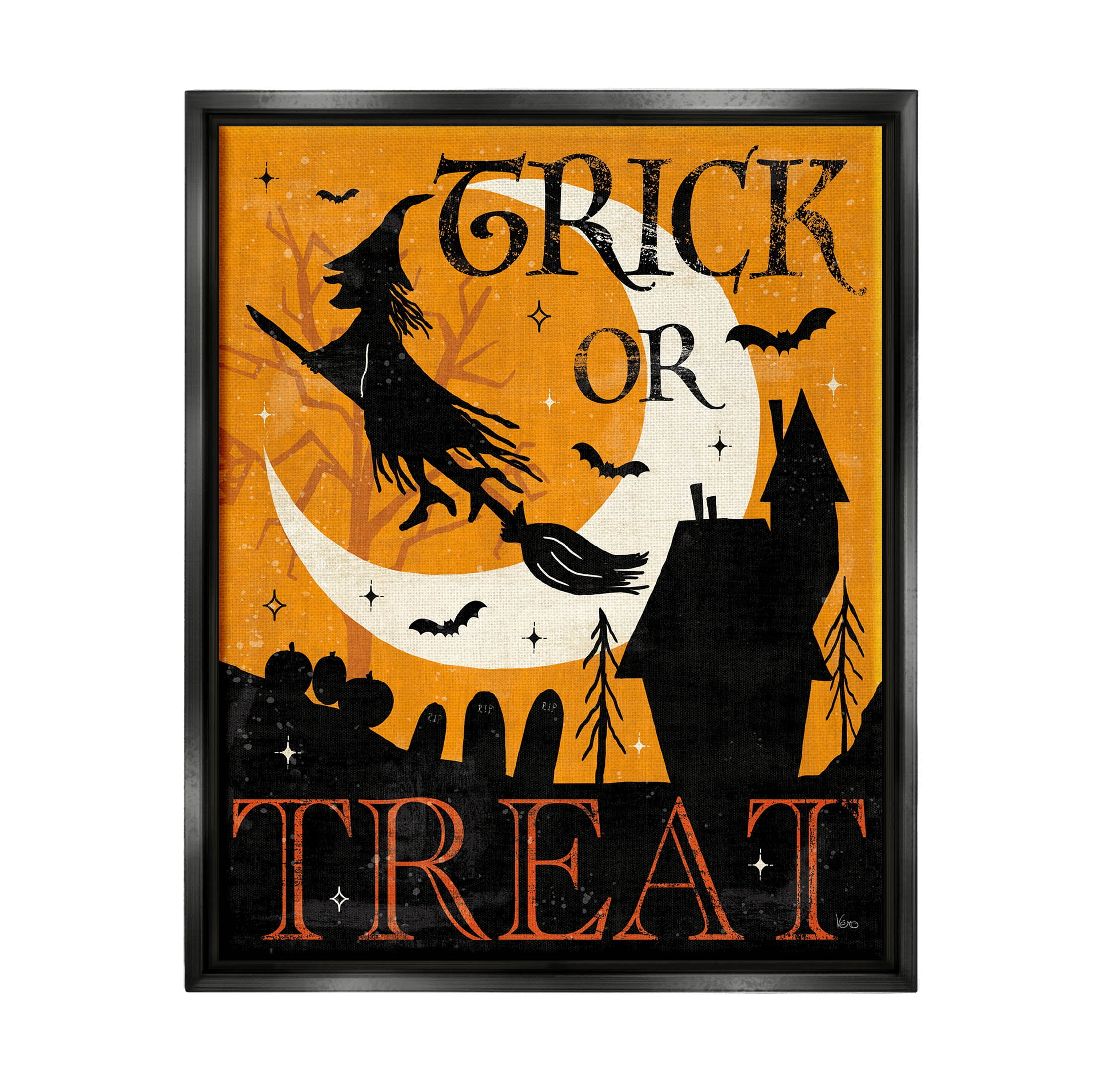 Stupell Industries Trick Or Treat Halloween Witch Graphic Art Jet Black Floating Framed Canvas Print Wall Art, Design by Veronique Charron
